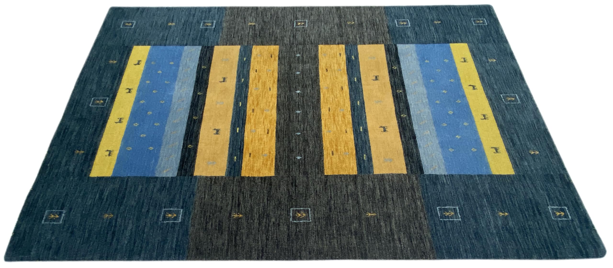 Grau Gabbeh Teppich 100% Wolle 170x240 cm Gold Blau Handgewebt Orientteppich 103