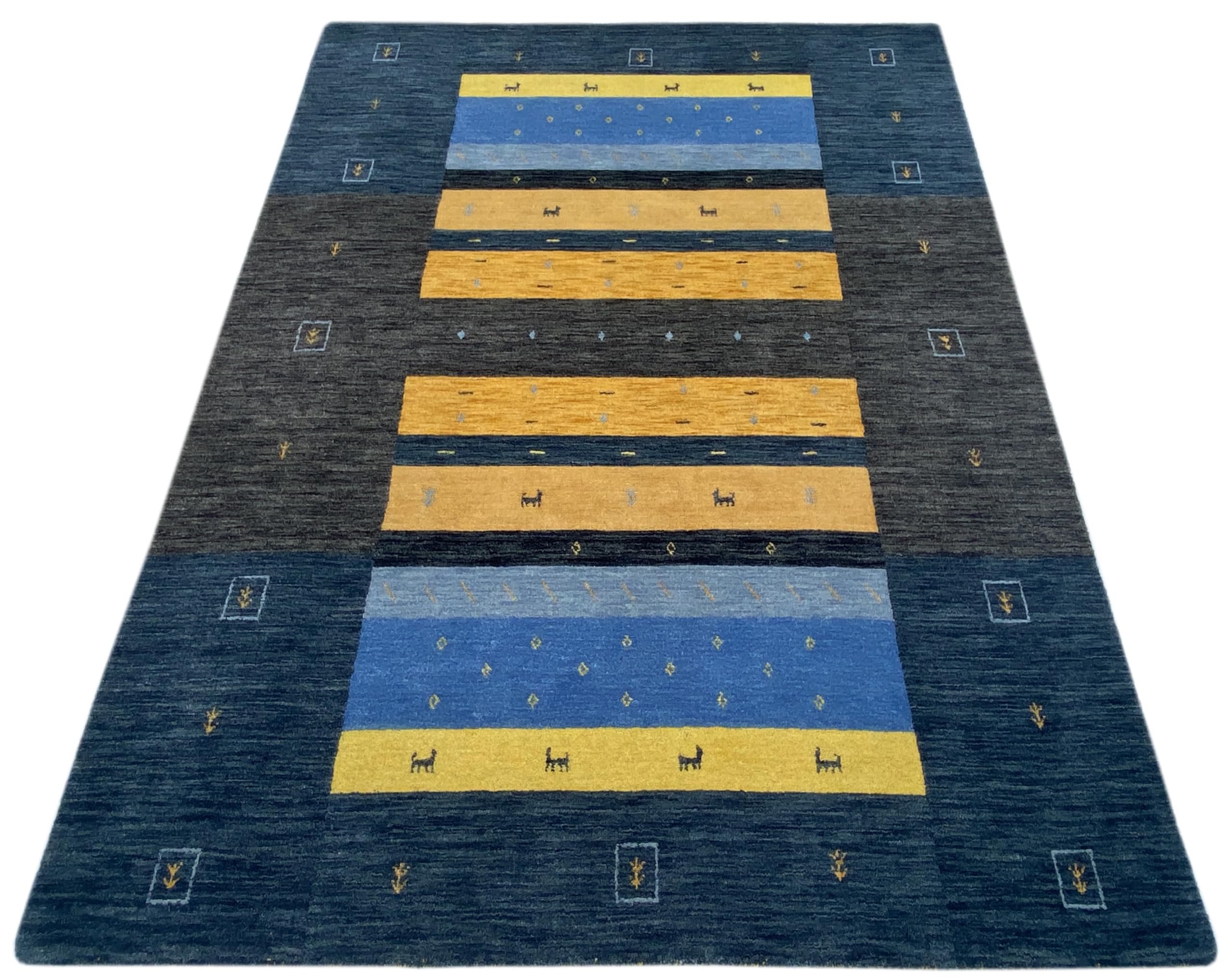 Grau Gabbeh Teppich 100% Wolle 170x240 cm Gold Blau Handgewebt Orientteppich 103