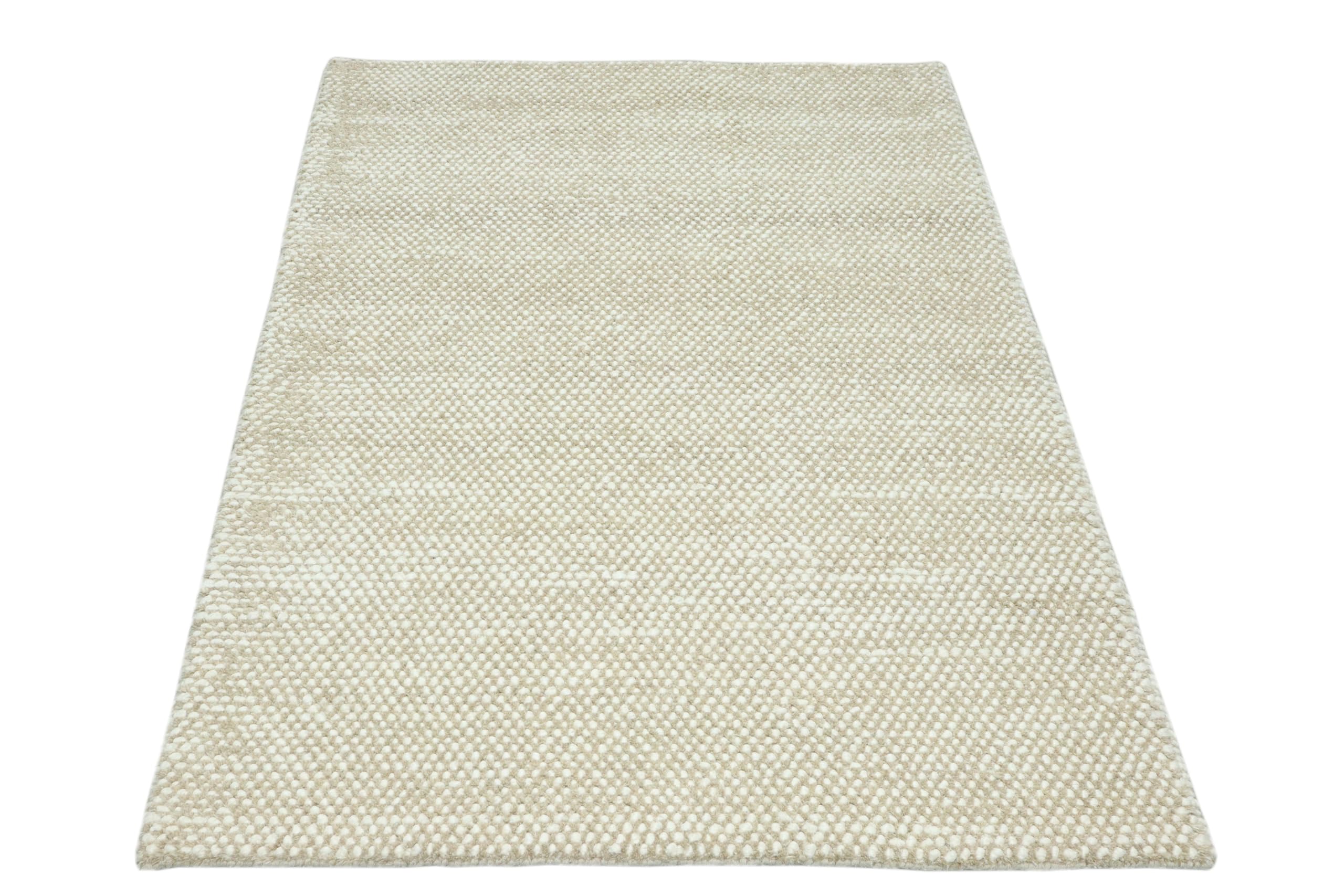 Beige Design Teppich Läufer 100% Wolle Handgewebt Beige Creme Weich D729