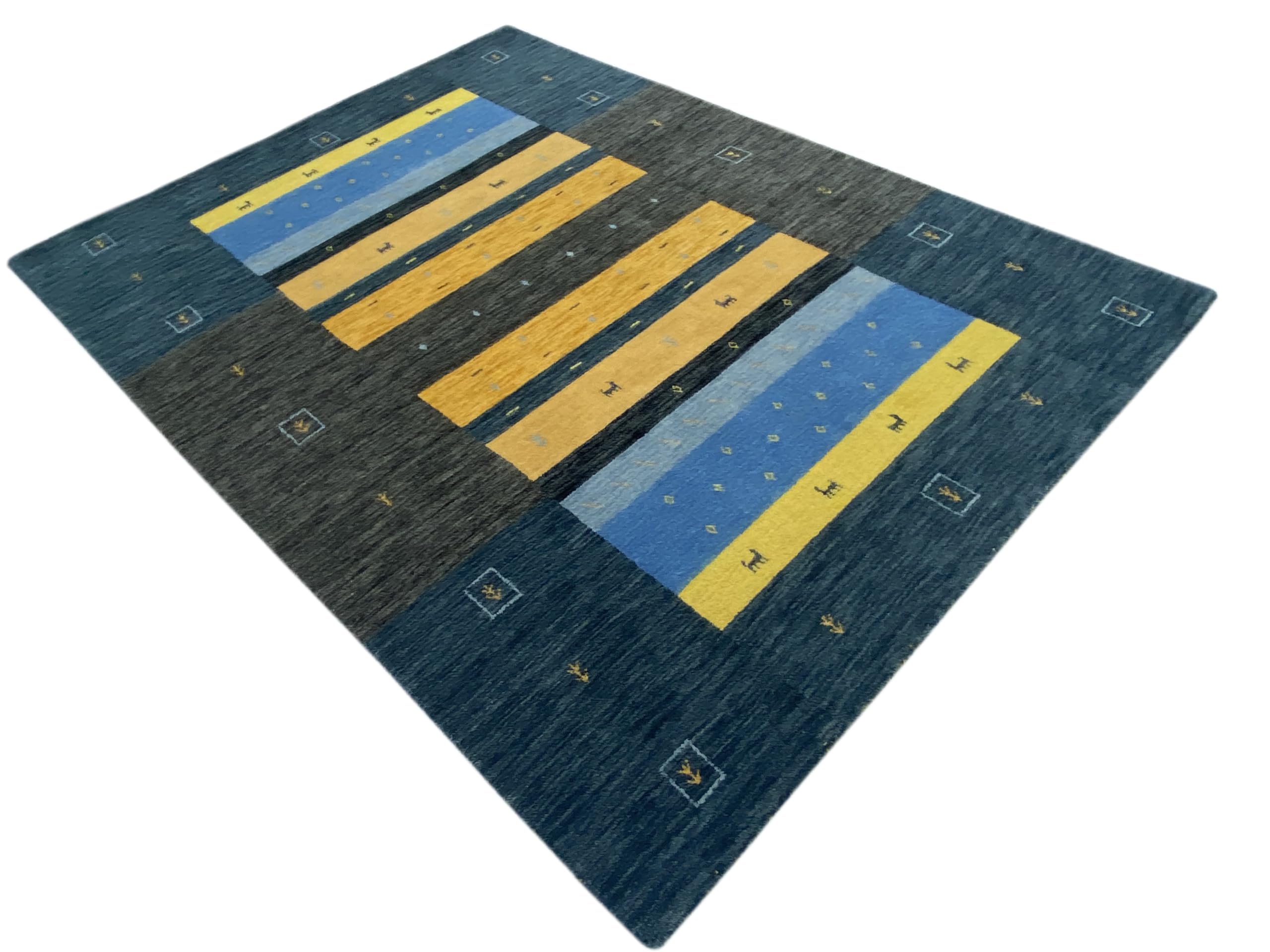 Grau Gabbeh Teppich 100% Wolle 170x240 cm Gold Blau Handgewebt Orientteppich 103