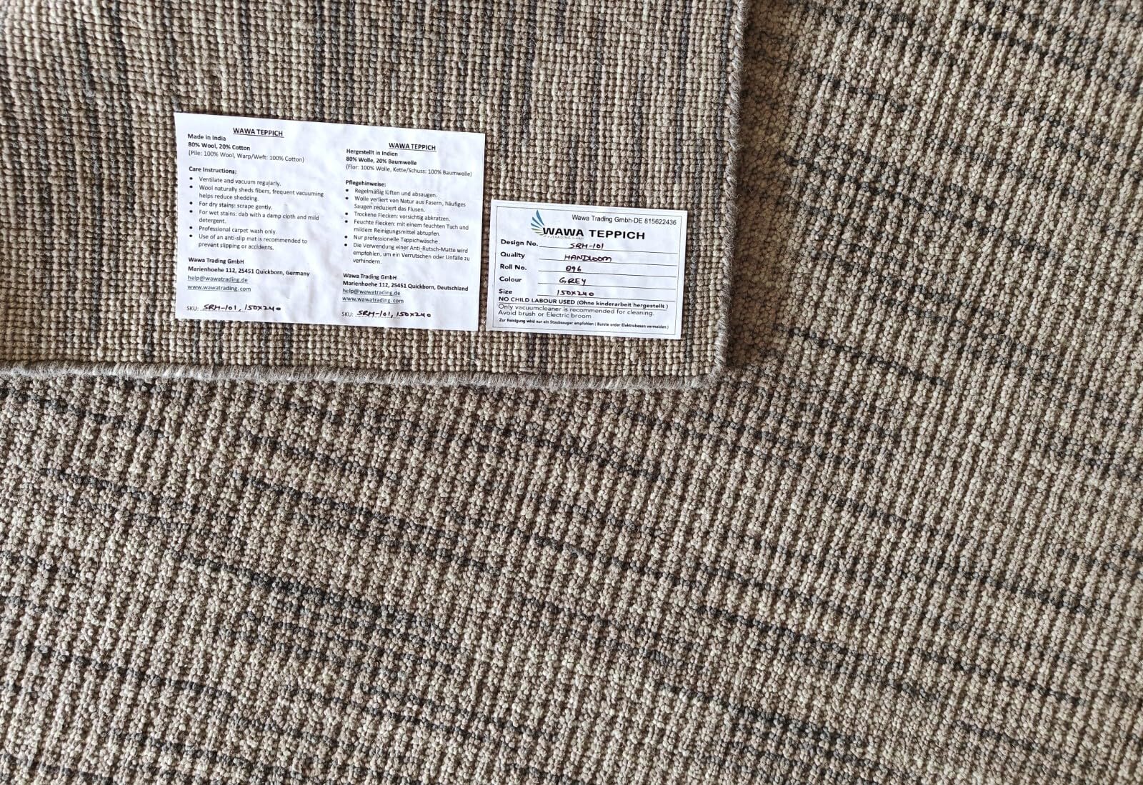 Handgewebter Teppich 150x240 Grau Glanzoptik Wolle Flach Wohnzimmer SH101