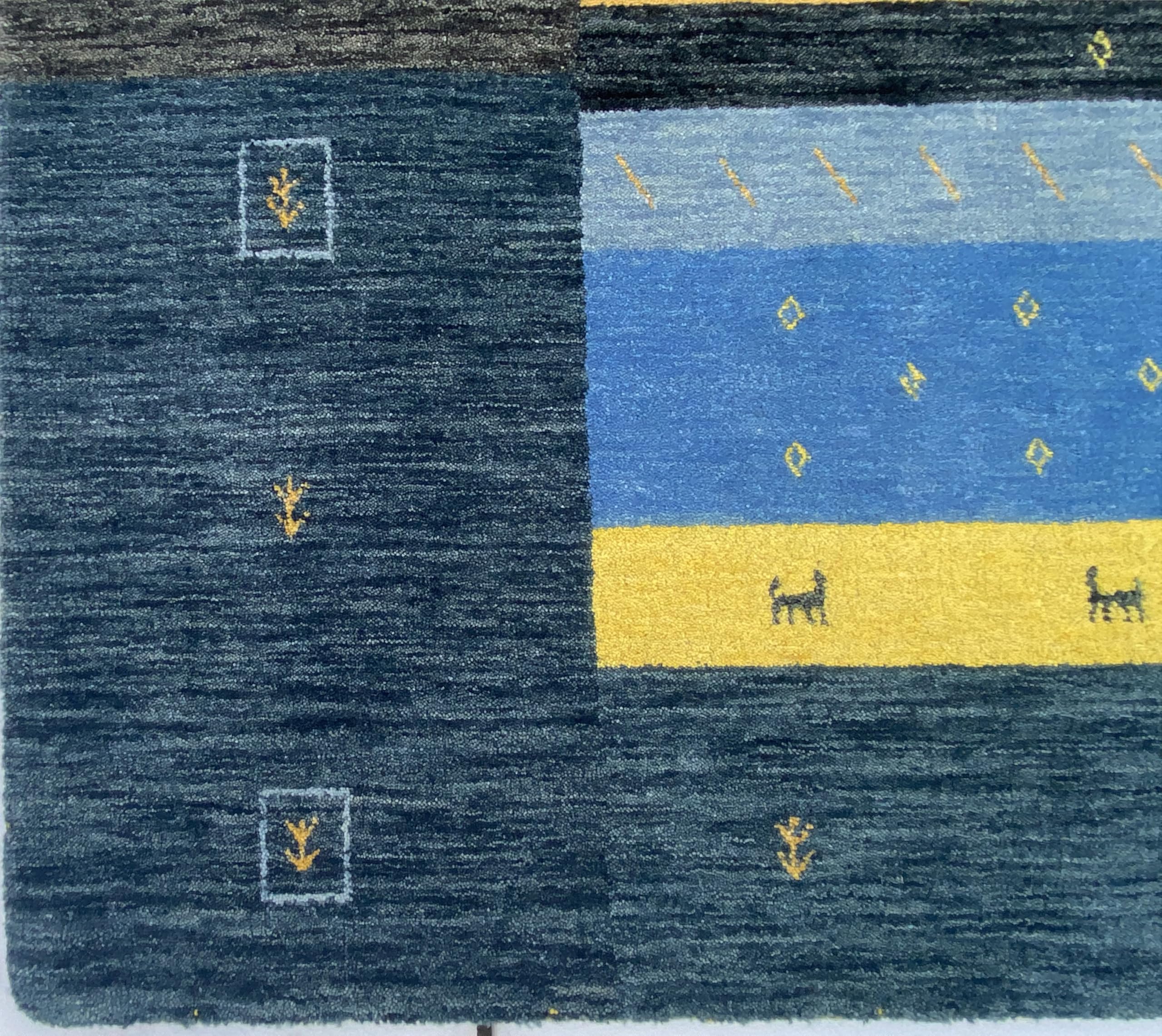 Grau Gabbeh Teppich 100% Wolle 170x240 cm Gold Blau Handgewebt Orientteppich 103