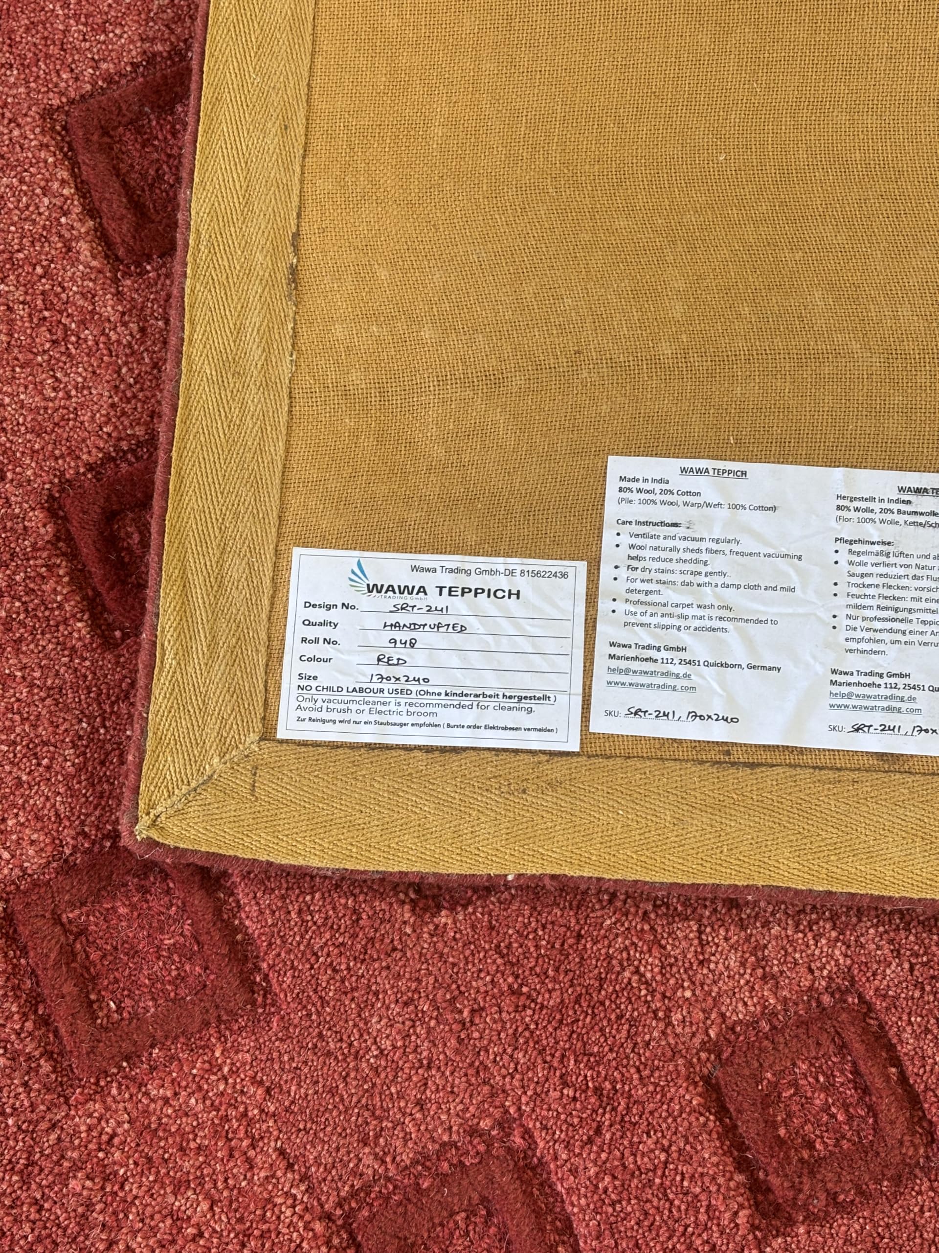 Handgetufteter Wollteppich 170x240 cm Rot – Moderner Wohnzimmer Teppich aus Wolle, SH241
