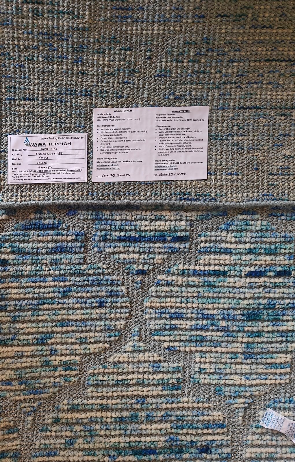 Modernes Handgeknüpfter Wolle 90x150 Compatible with Vintage Blau Wohnzimmer Teppich SH173