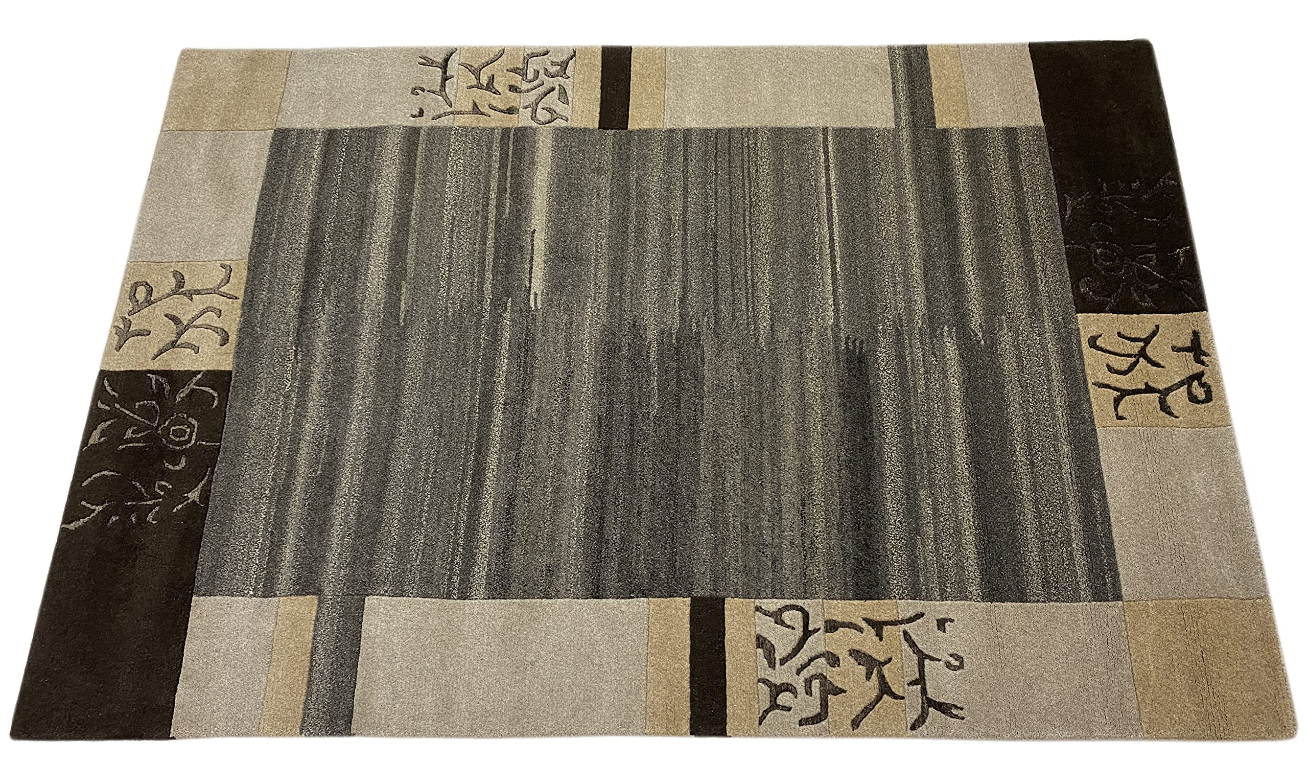 wawa Indo Nepal Handgeknüpft Teppich Beige Grau Schwarz 100% Wolle Hochwertiger Orientteppich (200 x 300 cm)