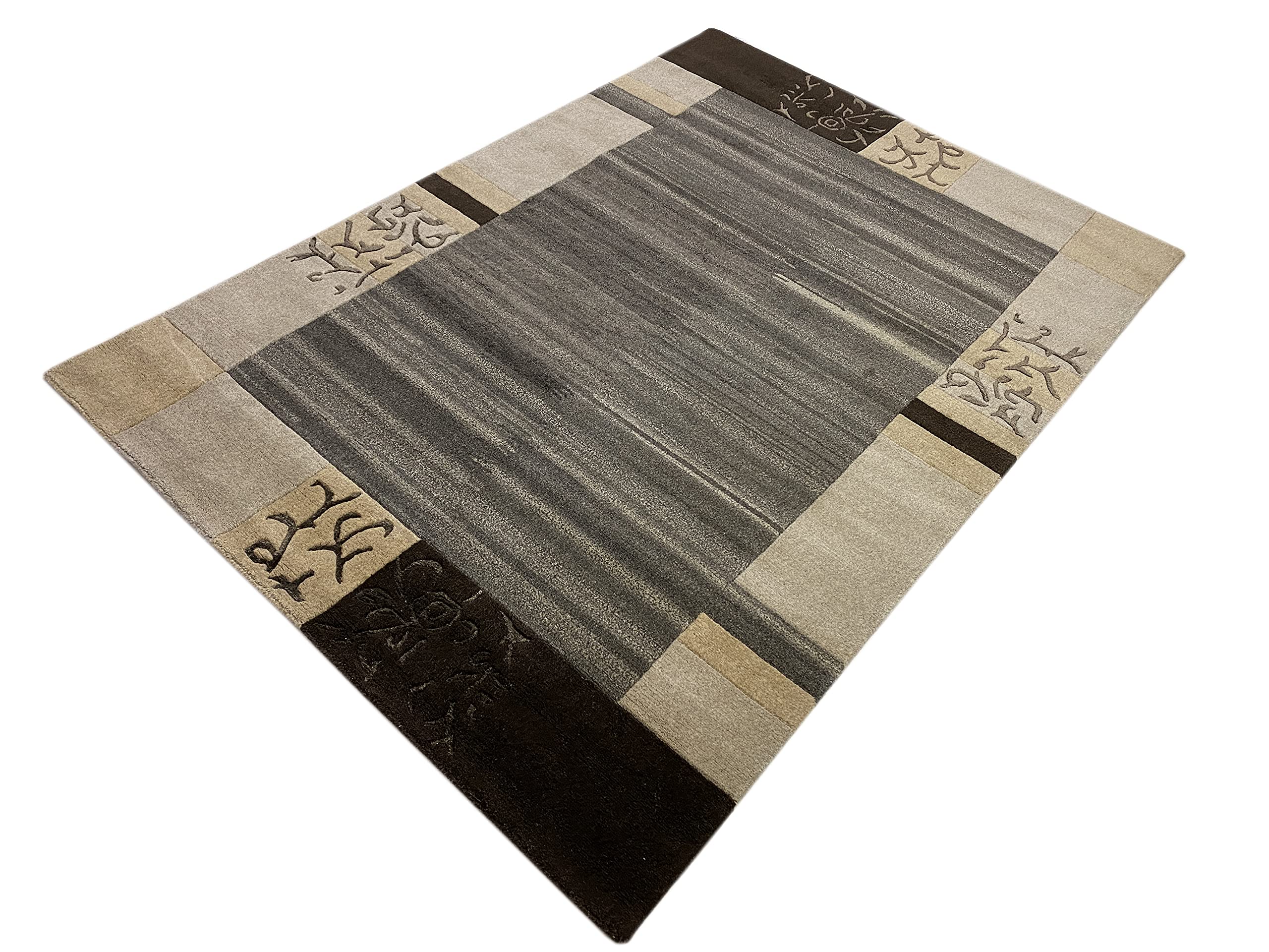 wawa Indo Nepal Handgeknüpft Teppich Beige Grau Schwarz 100% Wolle Hochwertiger Orientteppich (200 x 300 cm)