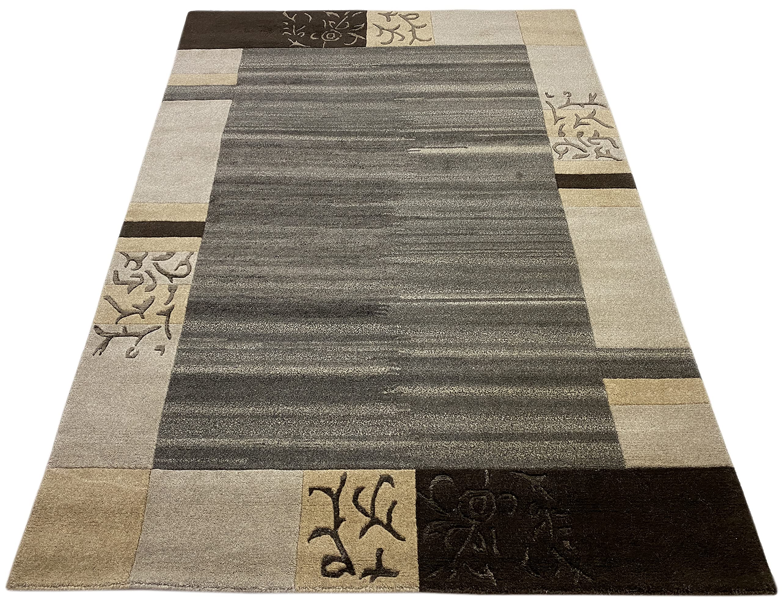 wawa Indo Nepal Handgeknüpft Teppich Beige Grau Schwarz 100% Wolle Hochwertiger Orientteppich (200 x 300 cm)