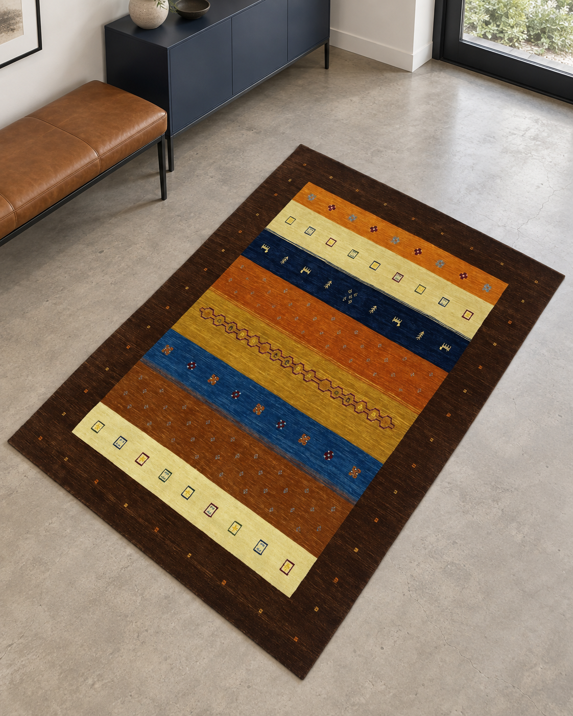 Gabbeh Teppich Braun Blau Gold 100% Wolle 170x240 cm Handgewebt Lori loom WR78