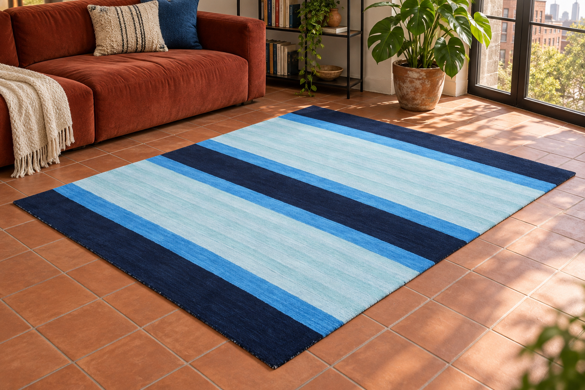 Mėlynas kilimas 100 % vilna 160 x 230 cm Smėlio spalvos rytietiškas kilimas Rankomis dygsniuotas HT271