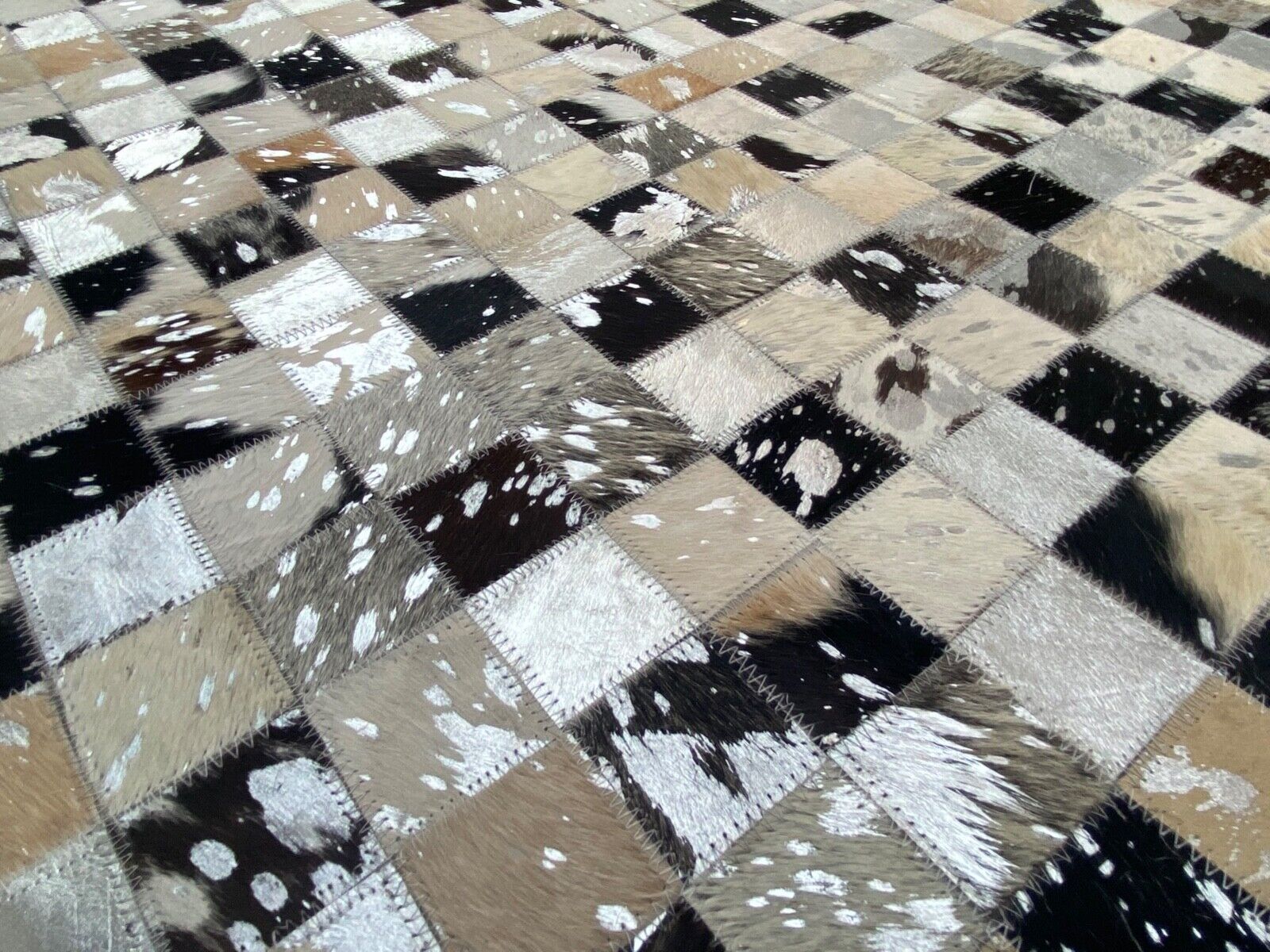 Leren vloerkleed 160x230 cm 100% rundleer ivoorbruin beige zilver patchwork L5