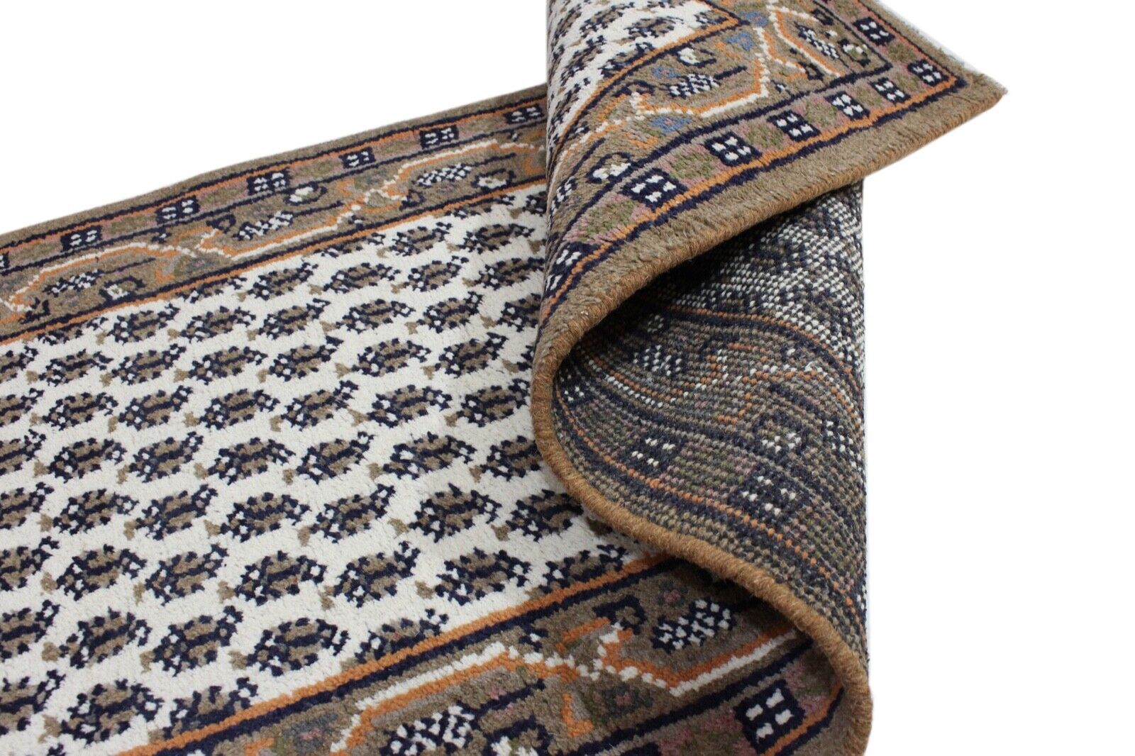 Läufer Teppich 100% Wolle Handgeknüpft Orient beige Mir 75x270 cm