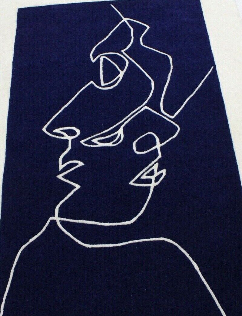 Blau Beige Teppich 100% Wolle 120X180 CM Designer Handgetuftet Gesicht