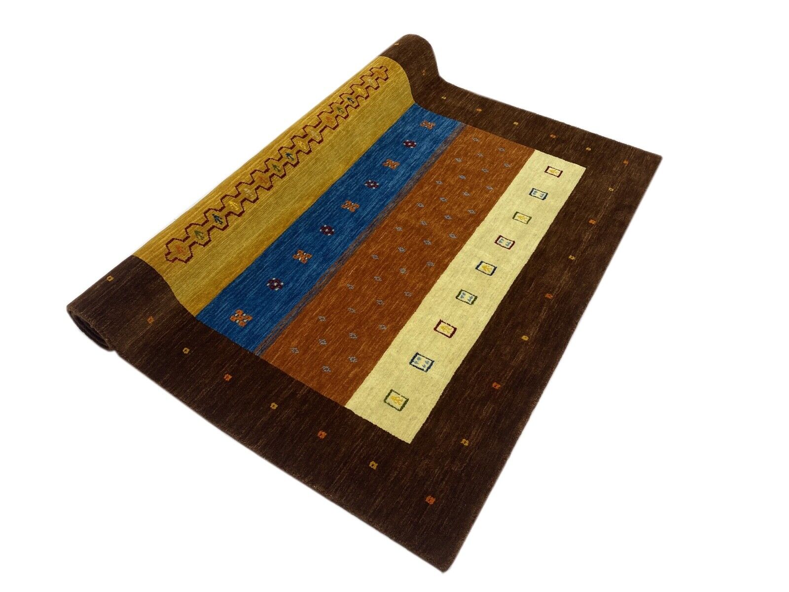 Gabbeh Teppich Braun Blau Gold 100% Wolle 170x240 cm Handgewebt Lori loom WR78