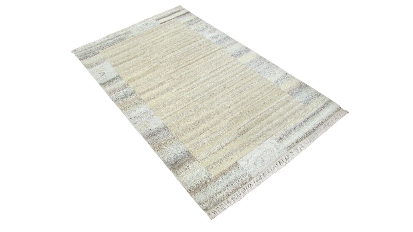 Nepal Teppich Handgeknüpft Grau Beige 100% Wolle Orientteppich 96x157 cm N-108
