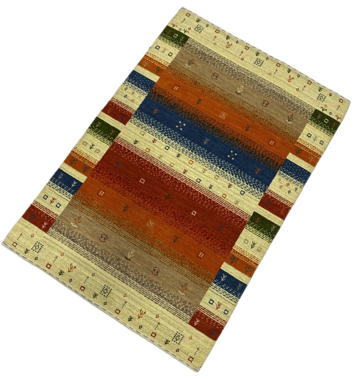 Gabbeh Teppich 100% Wolle Beige Orange Blau loom lori Handgewebt 125x180 cm S1