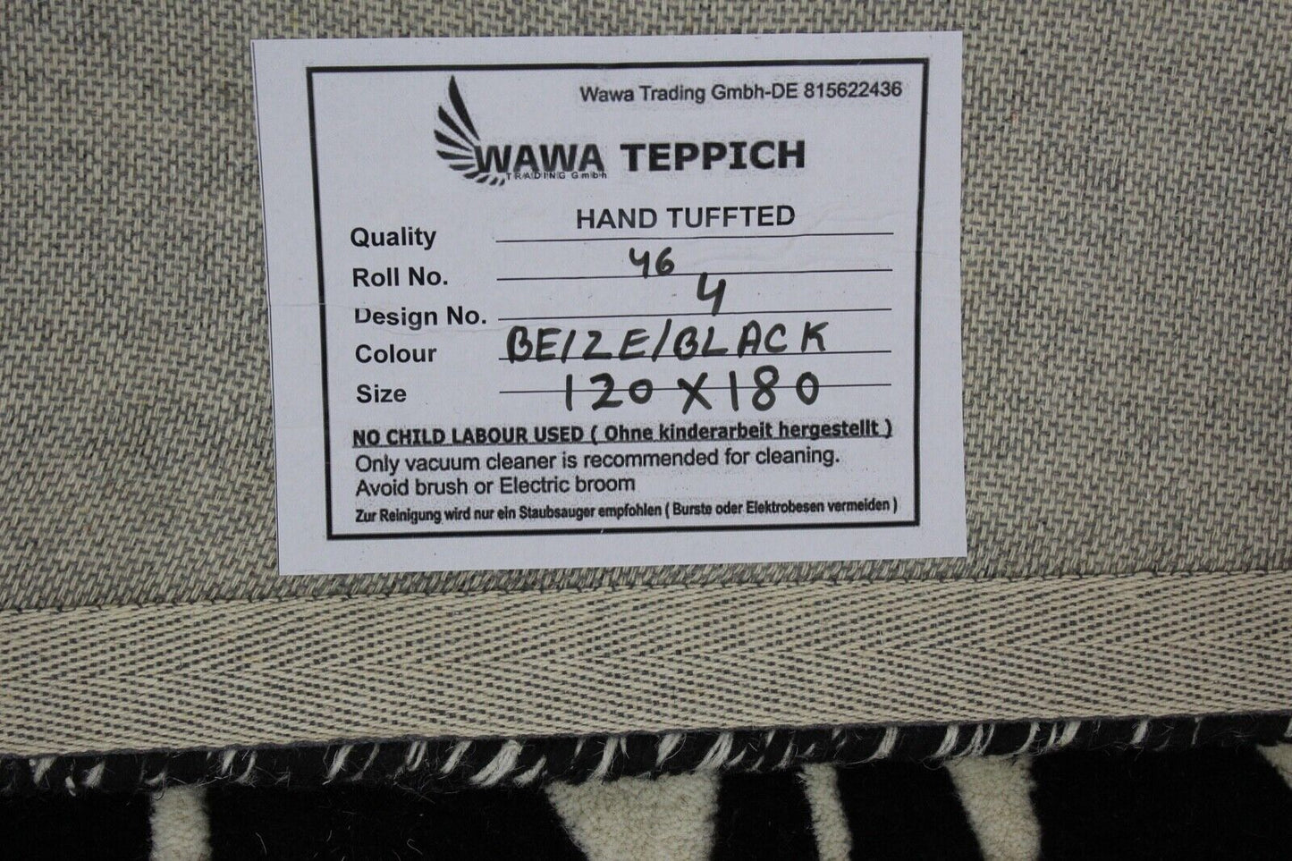 Schwarz Beige 100% Wolle Teppich 120X180 CM Handarbeit Handgetuftet ME4
