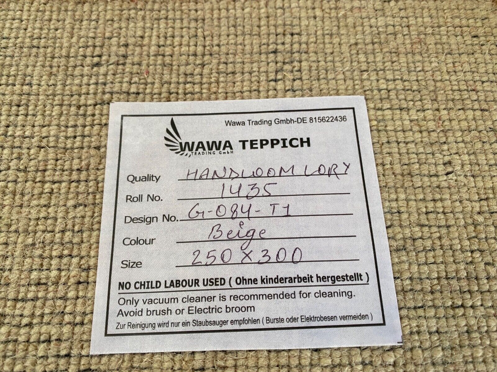 Beige Teppich 100% Wolle einfarbig gefärbt 250X300 cm Gabbeh Handgewebt G84T1