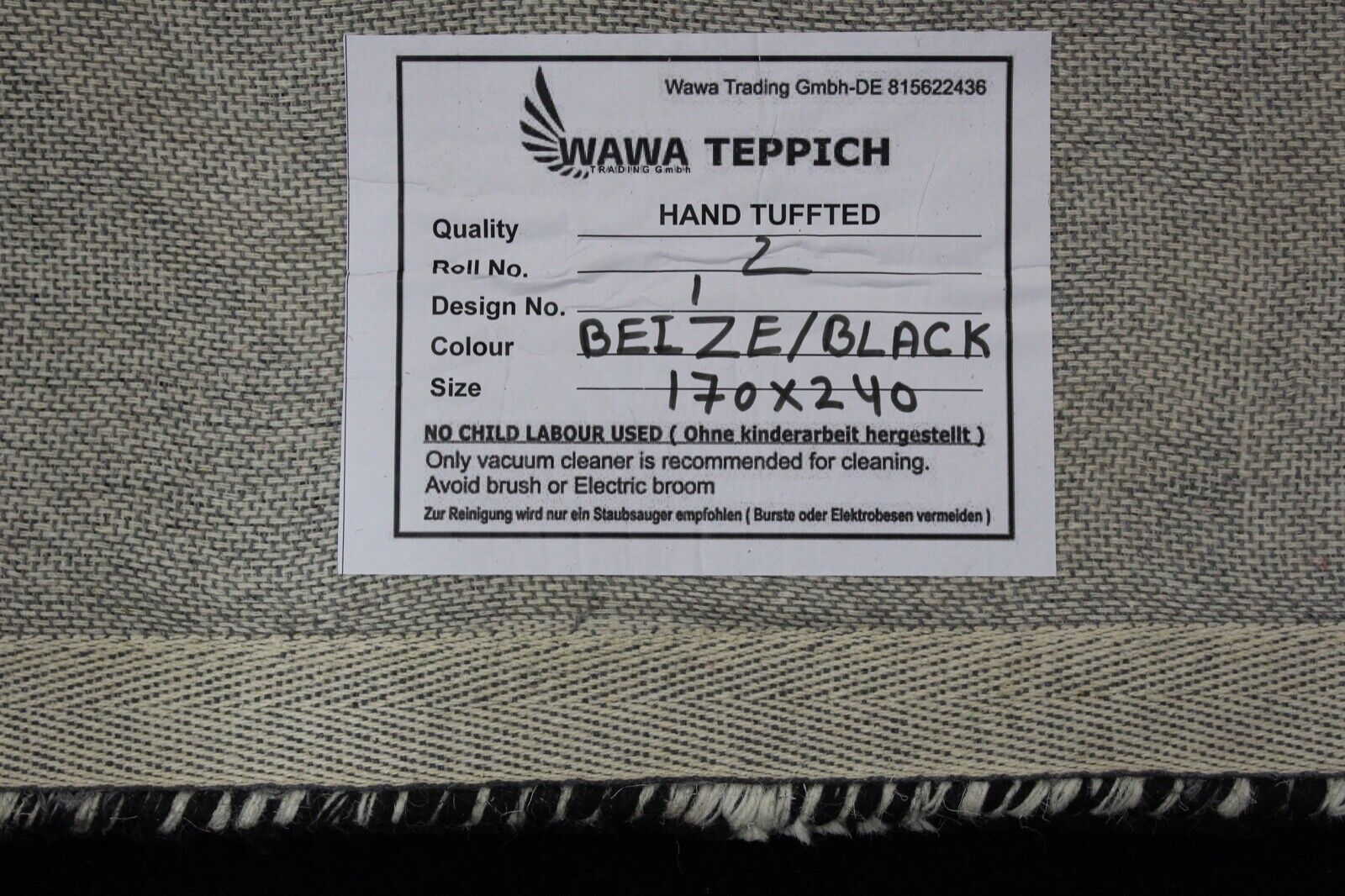 Schwarz Beige 100% Wolle Teppich 170X240 CM Handarbeit Handgetuftet ME1