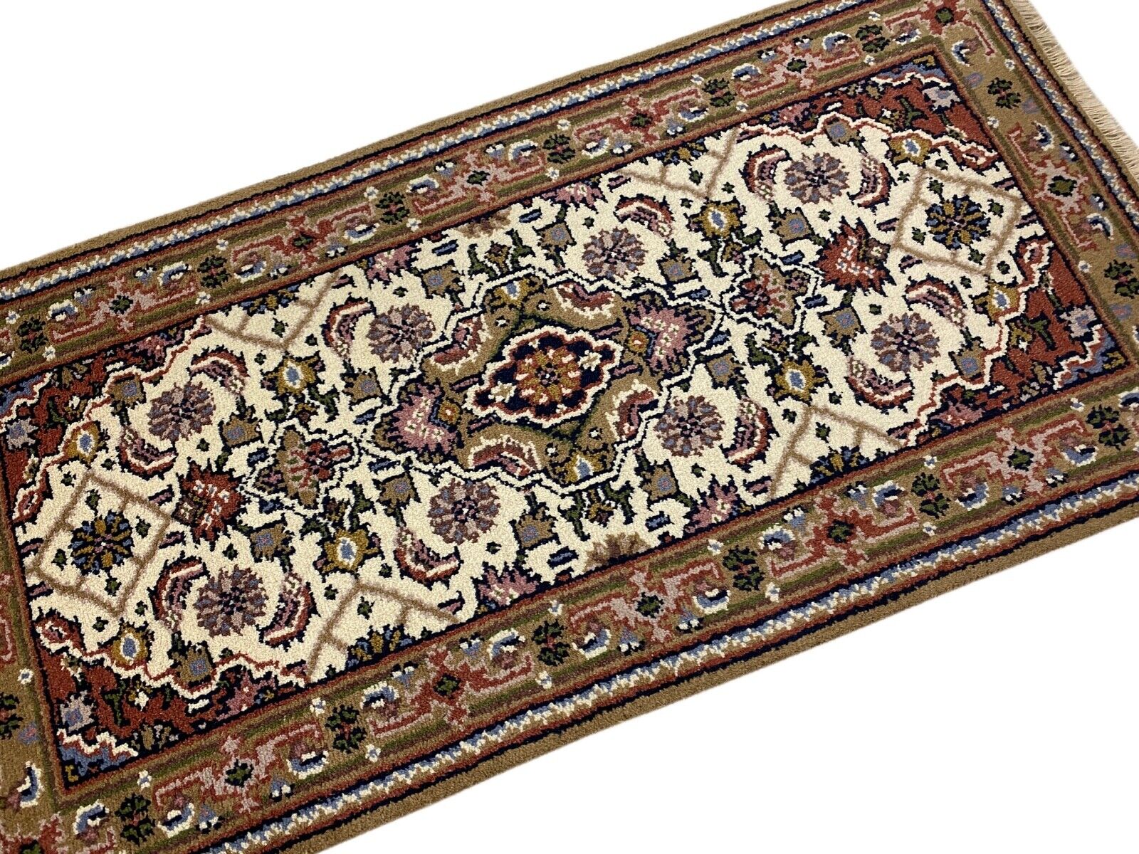 Tapis beige-brun 100 % laine noué à la main, style oriental, 70 x 140 cm, D11