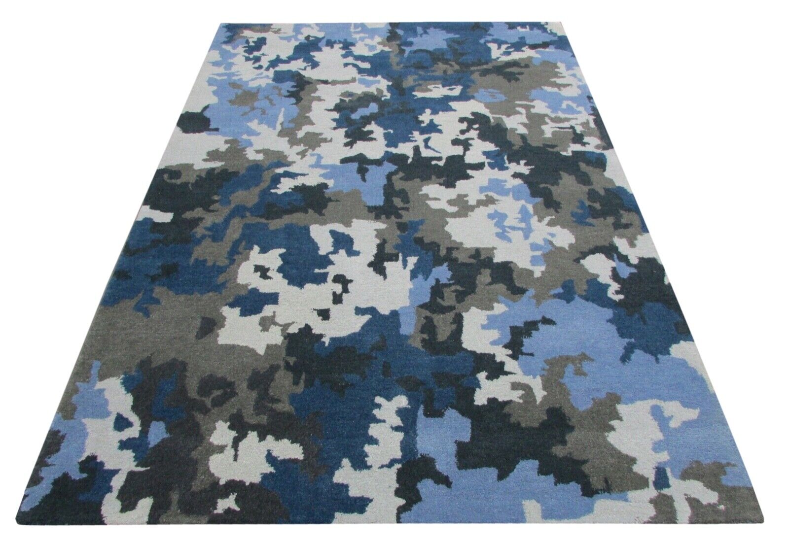 Modro bež siva preproga 100 % volna 160 x 230 cm moderna ročno tkana T905