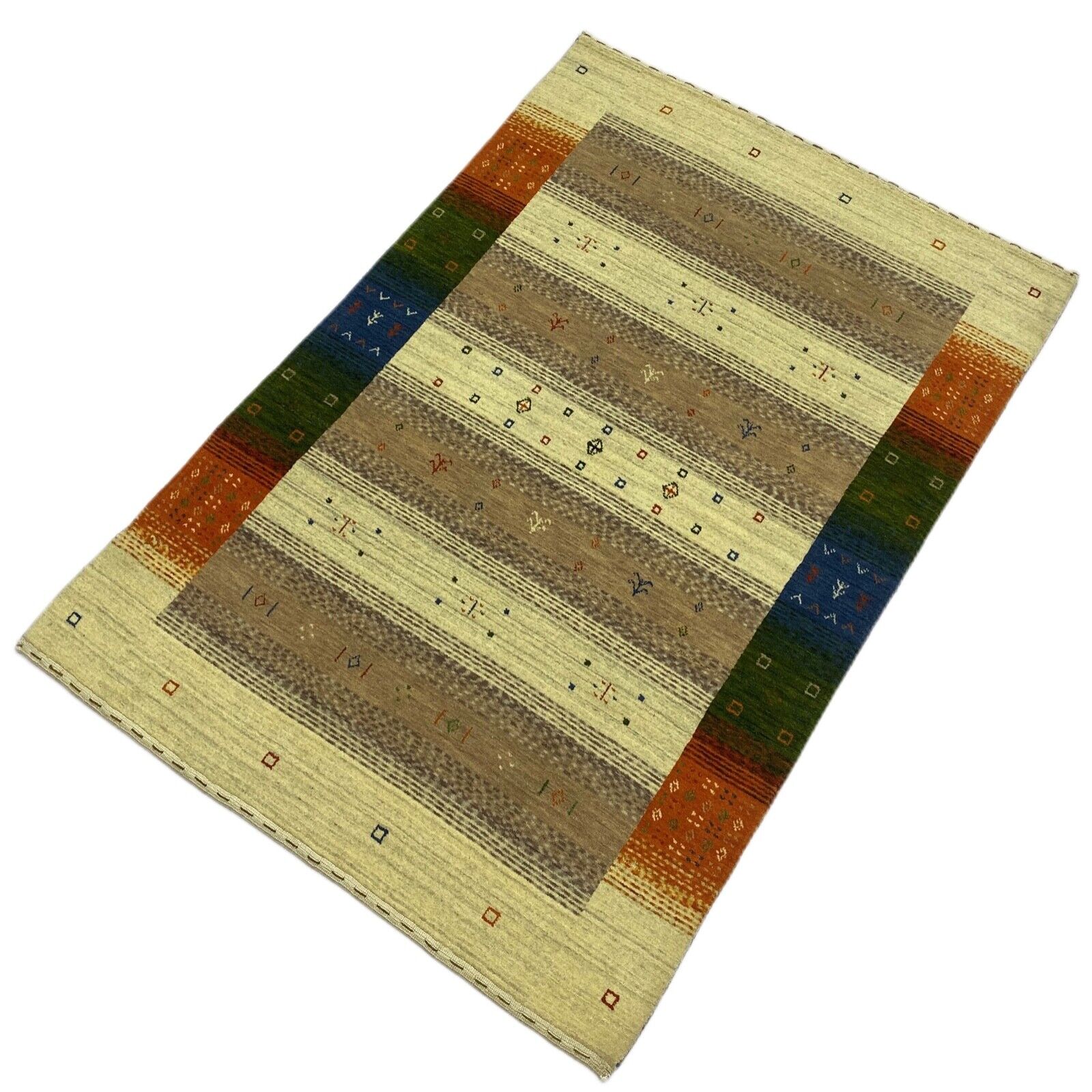 Gabbeh Teppich 100% Wolle Béžová Oranžová Blau loom lori Handgewebt 125x180 cm S111