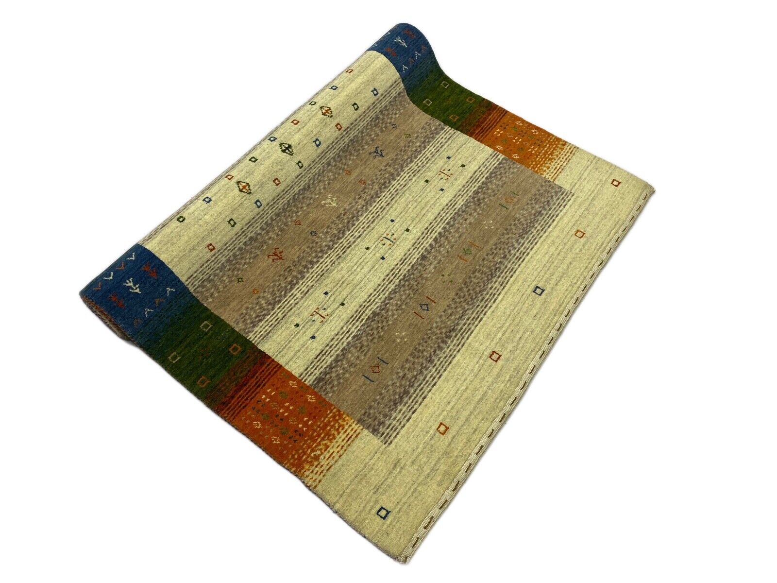 Gabbeh Teppich 100% Wolle Béžová Oranžová Blau loom lori Handgewebt 125x180 cm S111
