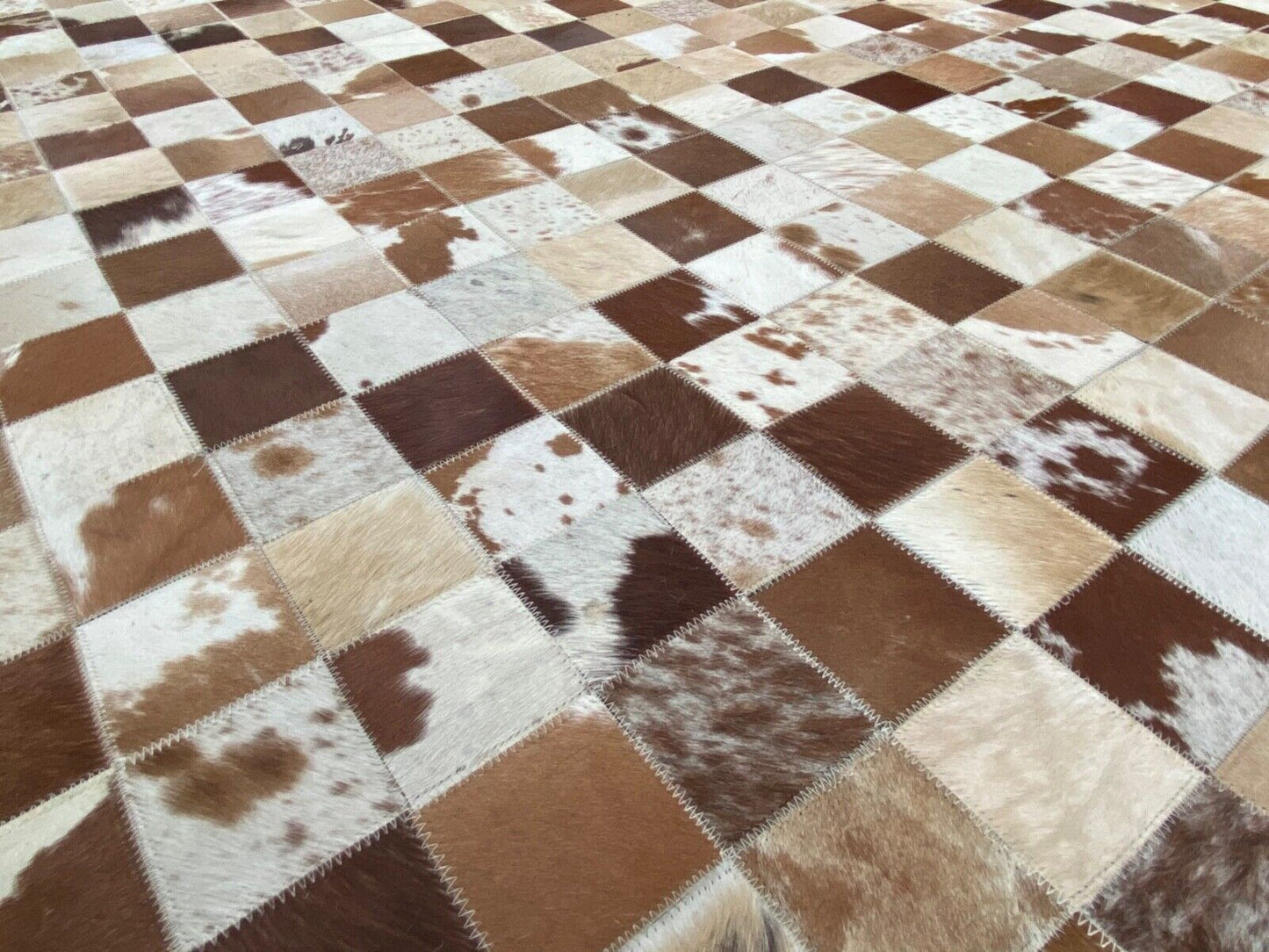 Leder Teppich 160x230 cm 100% Kuhfell ivory Braun Beige Silber Patchwork L6
