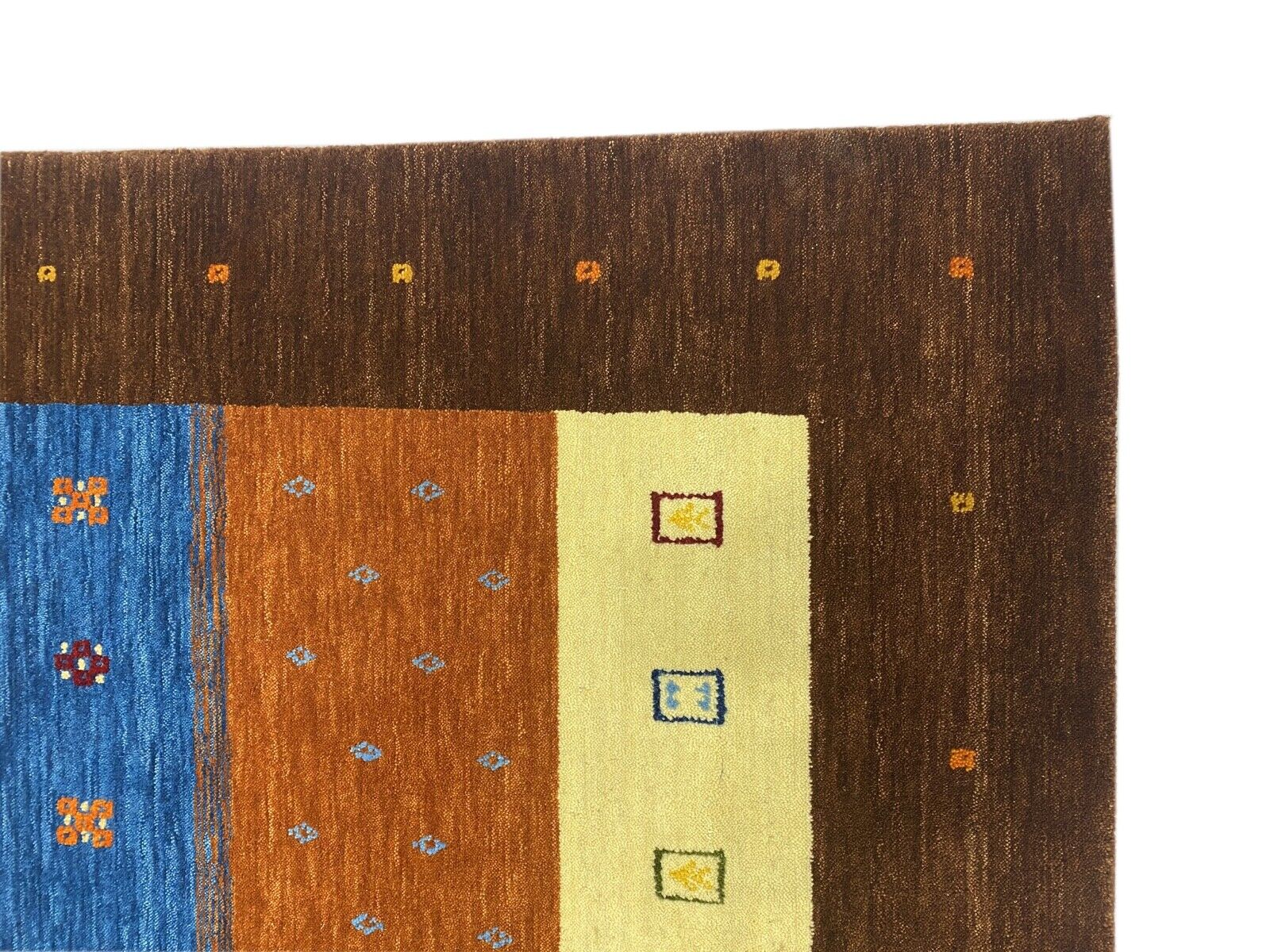 Gabbeh Teppich Braun Blau Gold 100% Wolle 170x240 cm Handgewebt Lori loom WR78