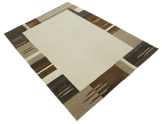 Beige Braun Nepal Teppich Handgeknüpft 100% Wolle Orientteppich 140X200 cm N772