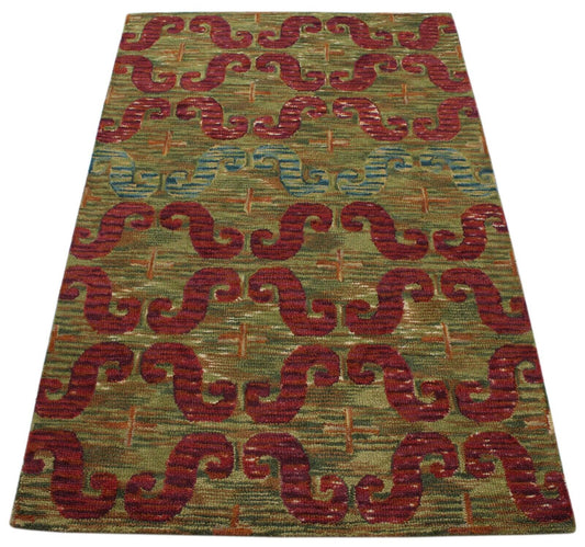 Teppich 100% Wolle Oliv Khaki Rot Orientteppich 150X240 cm Handgetuftet MH870