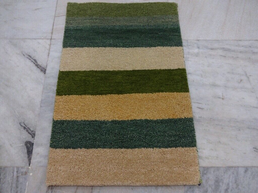 Gabbeh Teppich 58x88 cm Handgeknüpft ~ 100% Wolle ~ Grün Beige Gold Blau M27