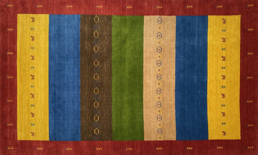 Teppich 100% Wolle 200x300 cm Grün Blau Gold Handgewebt Gabbeh Orientteppich