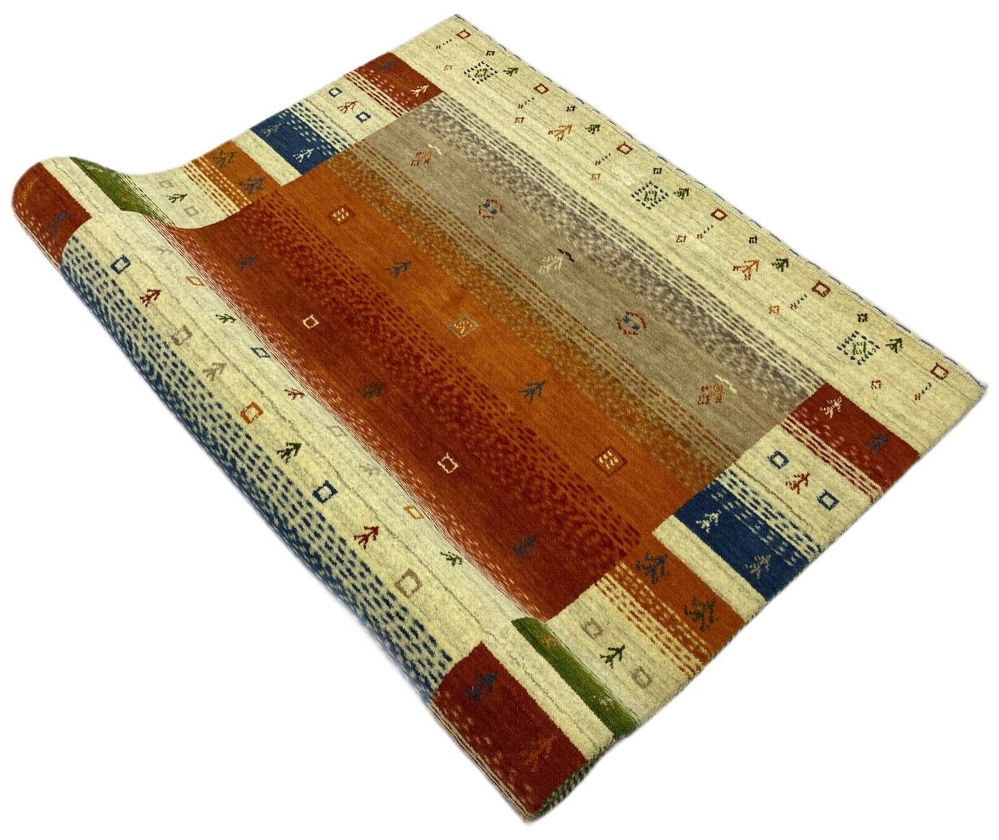 Gabbeh Teppich 100% Wolle Beige Orange Blau loom lori Handgewebt 125x180 cm S1