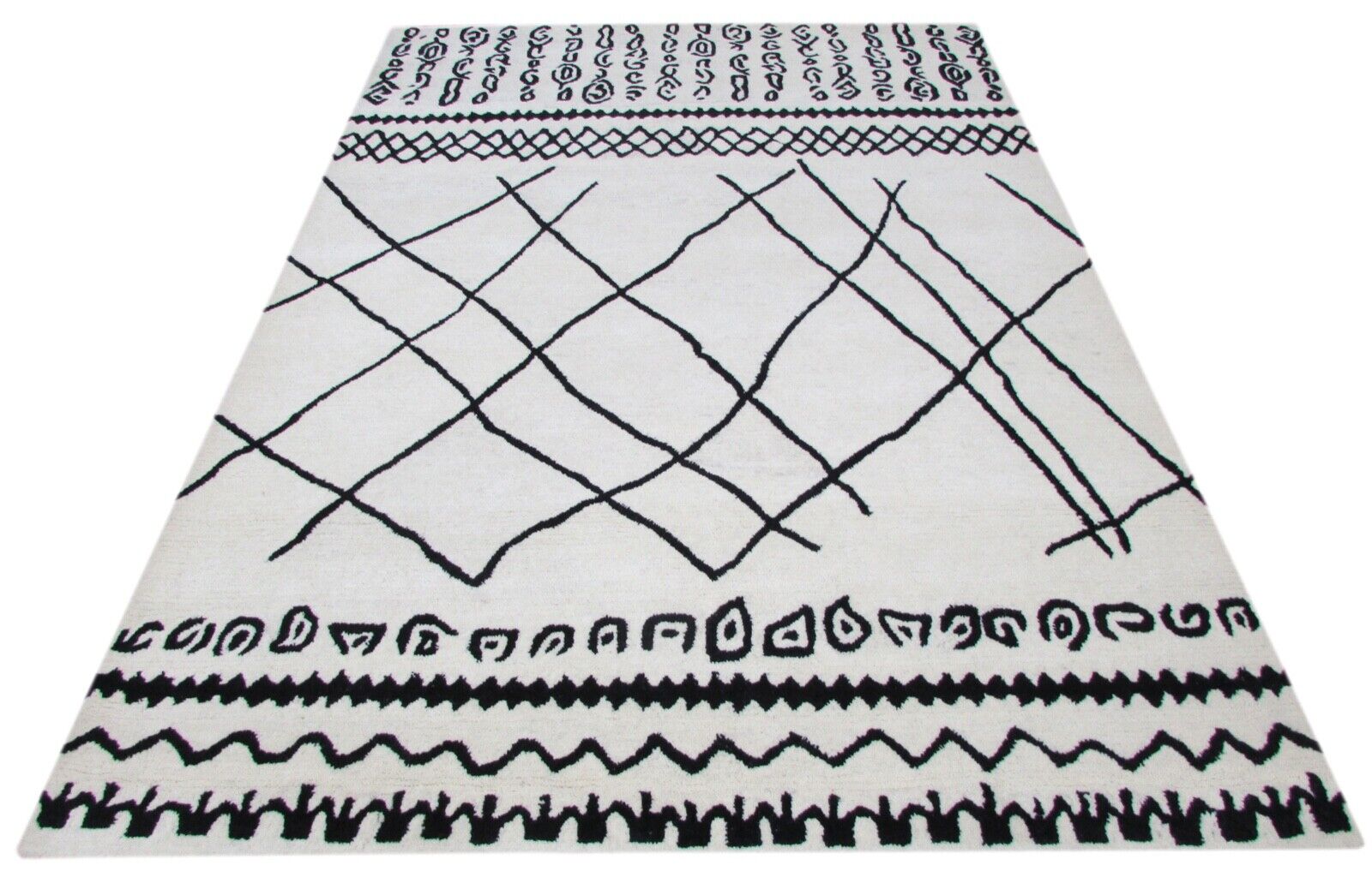 Tappeto beige, 100% lana, 160x230 cm, nero/blu scuro, annodato a mano, T824