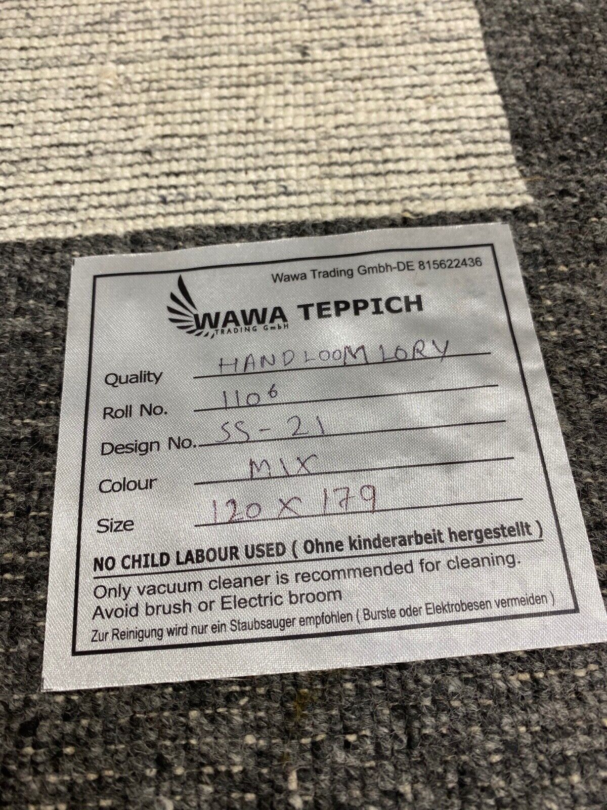 Teppich 100% Wolle Grau Beige Gabbeh lori Handgewebt 120x180 cm dp Garn S21