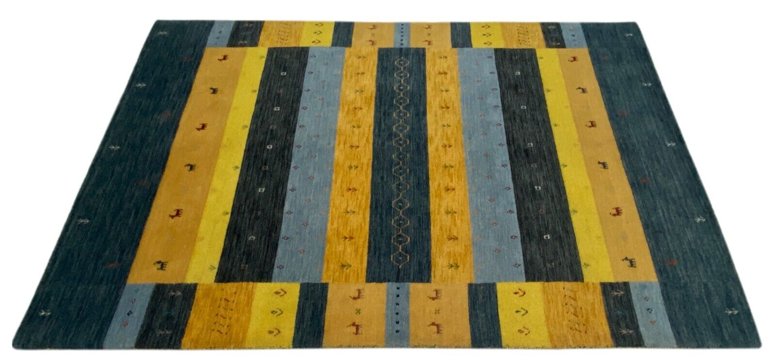 Gabbeh Teppich 100% Wolle 170x240 cm Grau Gold Blau Handgewebt Orientteppich 101