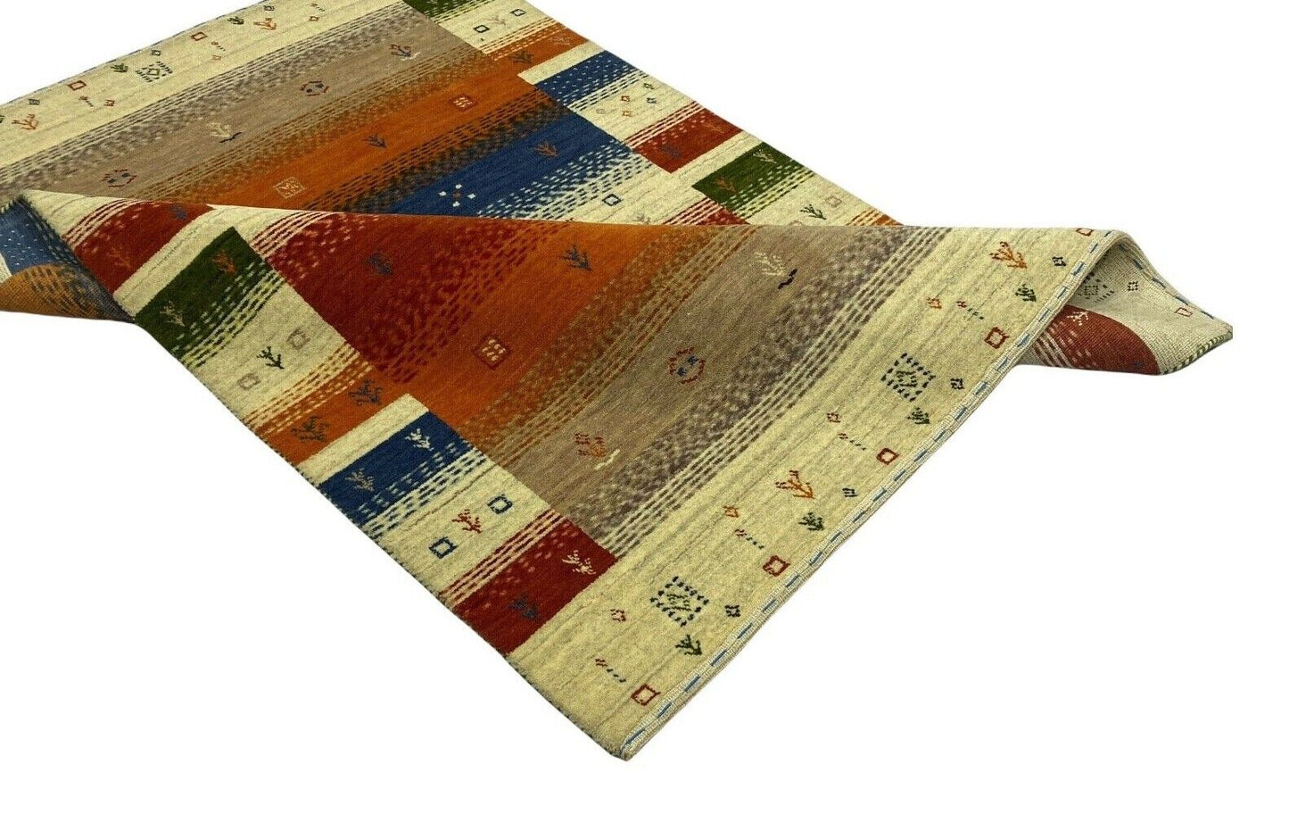 Gabbeh Teppich 100% Wolle Beige Orange Blau loom lori Handgewebt 125x180 cm S1