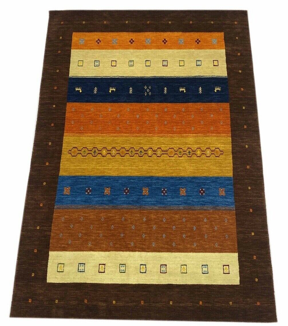 Gabbeh Teppich Braun Blau Gold 100% Wolle 170x240 cm Handgewebt Lori loom WR78