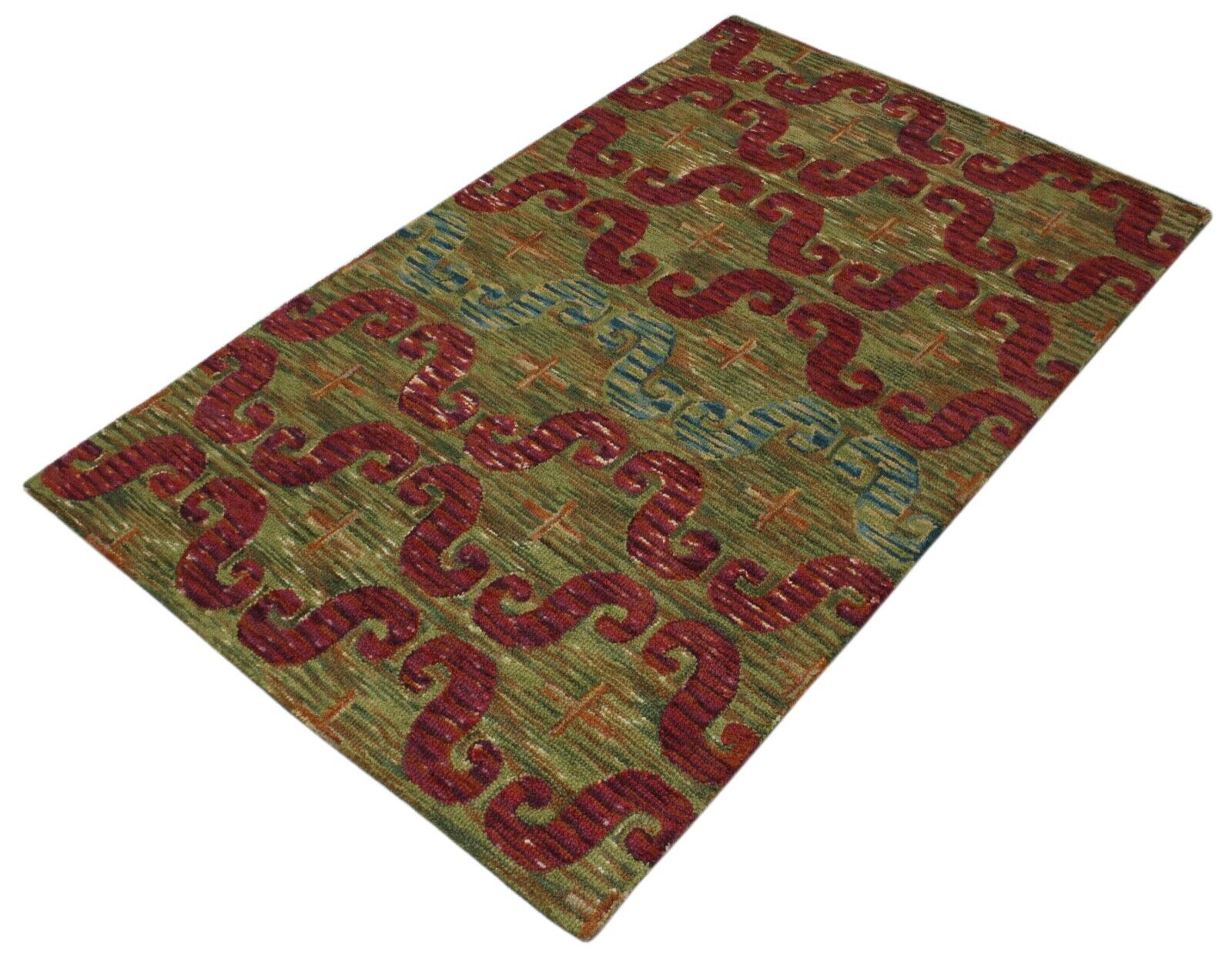 Teppich 100% Wolle Oliv Khaki Rot Orientteppich 150X240 cm Handgetuftet MH870