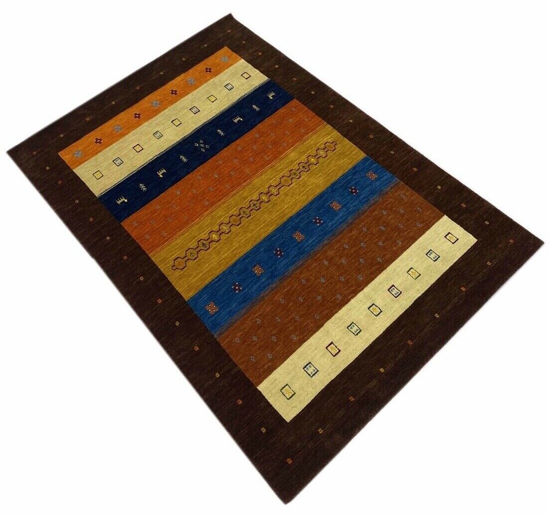 Gabbeh Teppich Braun Blau Gold 100% Wolle 170x240 cm Handgewebt Lori loom WR78