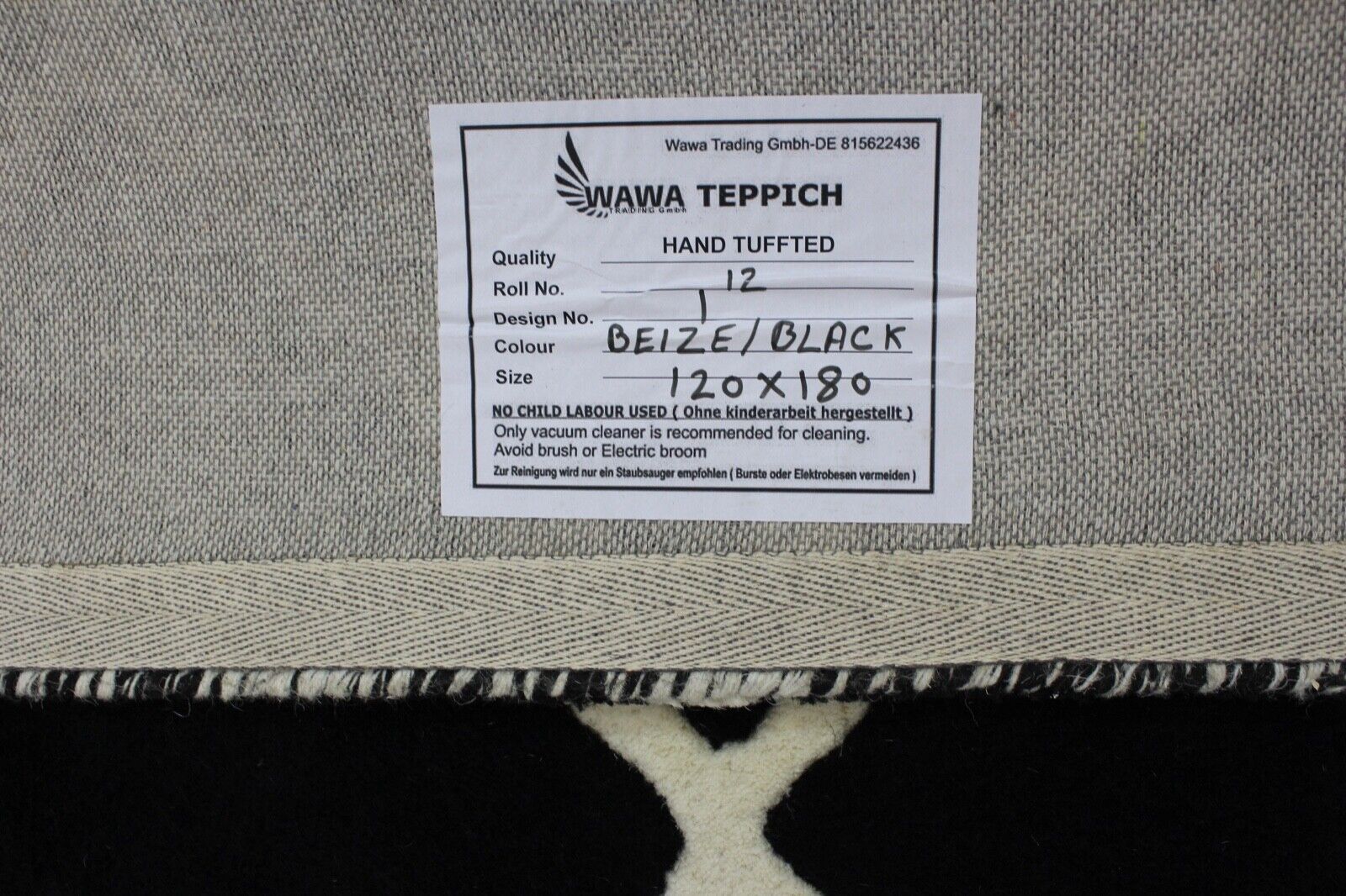 Schwarz Beige 100% Wolle Teppich 120X180 CM Handarbeit Handgetuftet ME1