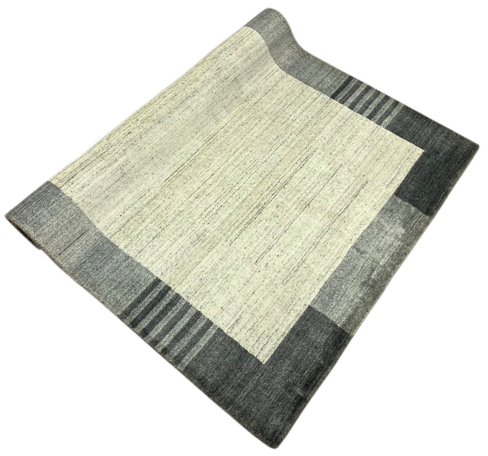 Grau Teppich 100% Wolle Silber Weiß Gabbeh Handgewebt 125x178 cm dp Garn S179
