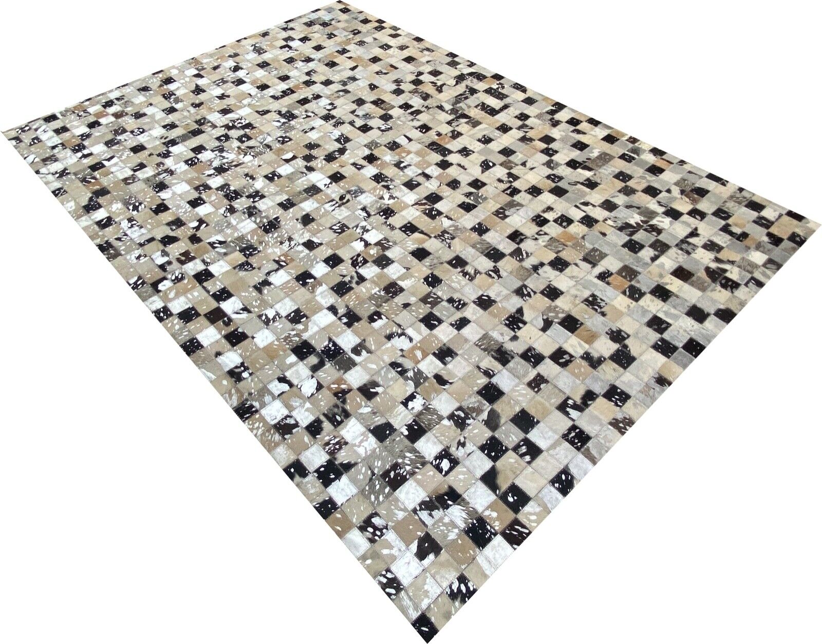 Lædertæppe 160x230 cm 100% okselæder elfenben brun beige sølv patchwork L5