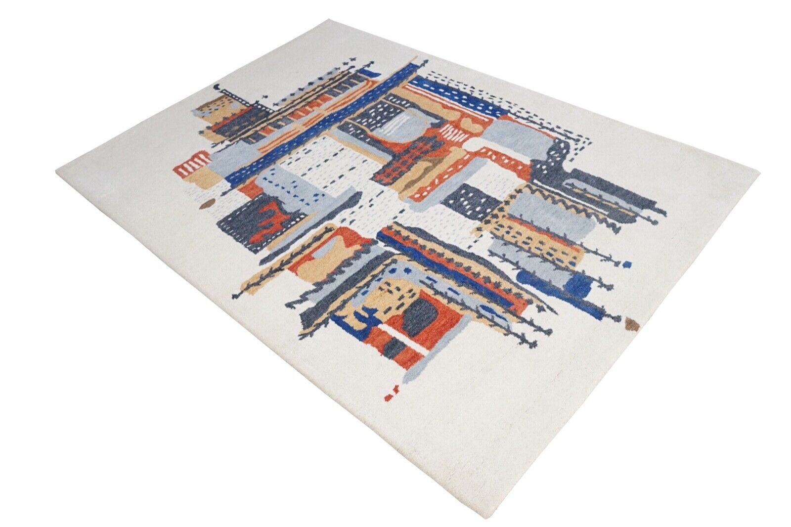 Teppich 100% Wolle Bunt Beige 160X230 cm Blau Orange Handgetuftet HT417u