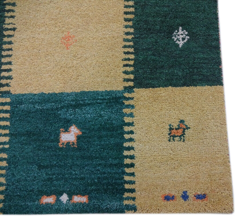 Gabbeh Teppich 90x160 cm Handgeknüpft 100% Wolle Gold Grün M10