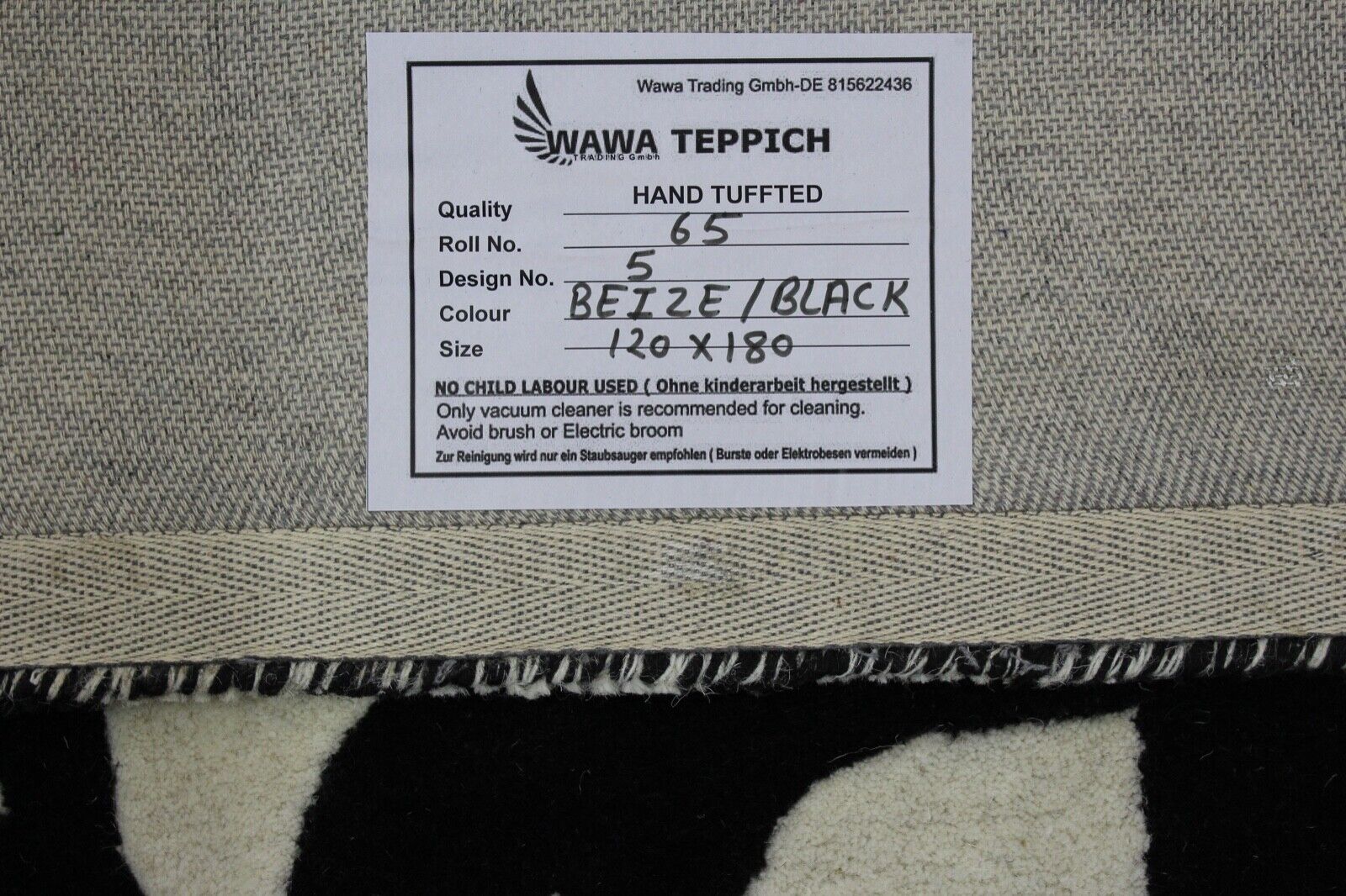 Schwarz Beige 100% Wolle Teppich 120X180 CM Handarbeit Handgetuftet ME5
