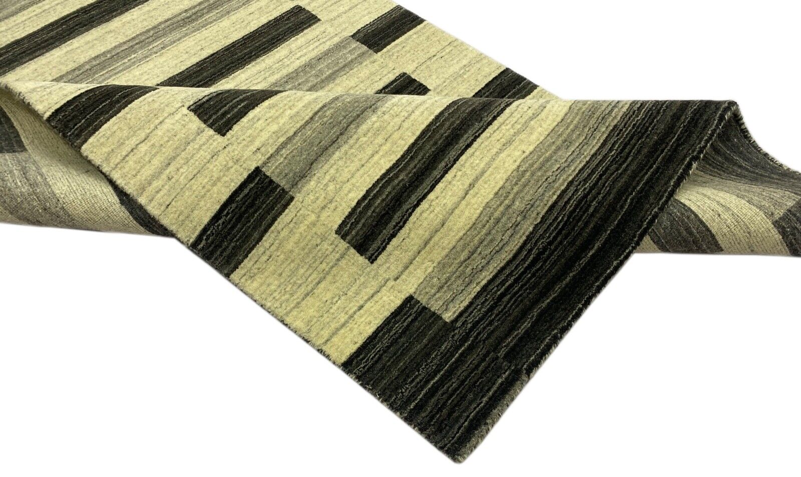 Teppich 100% Wolle Schwarz Beige Gabbeh Handgewebt 118x187 cm Naturwolle S126
