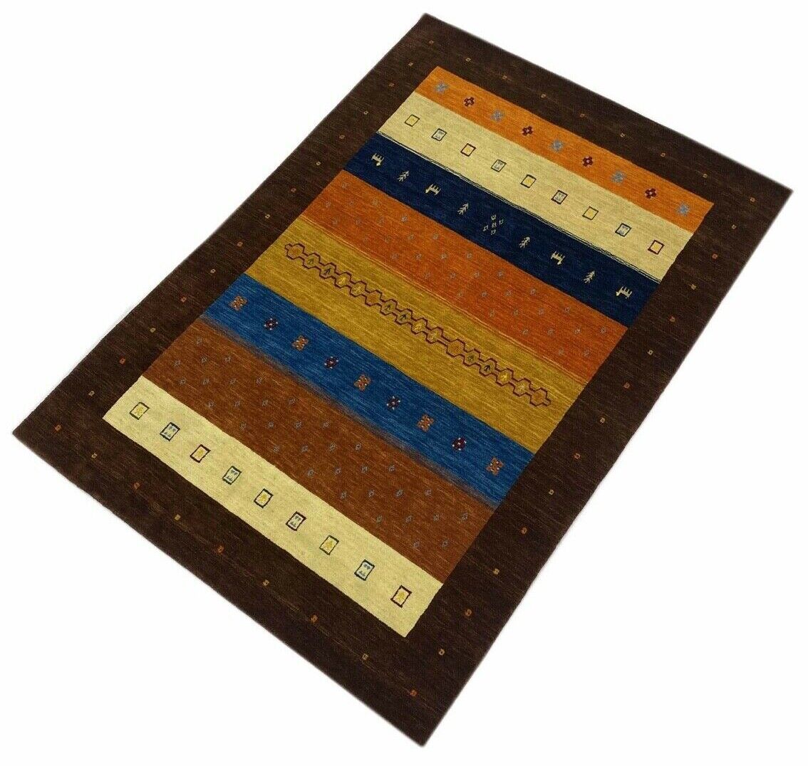 Gabbeh Teppich Braun Blau Gold 100% Wolle 170x240 cm Handgewebt Lori loom WR78
