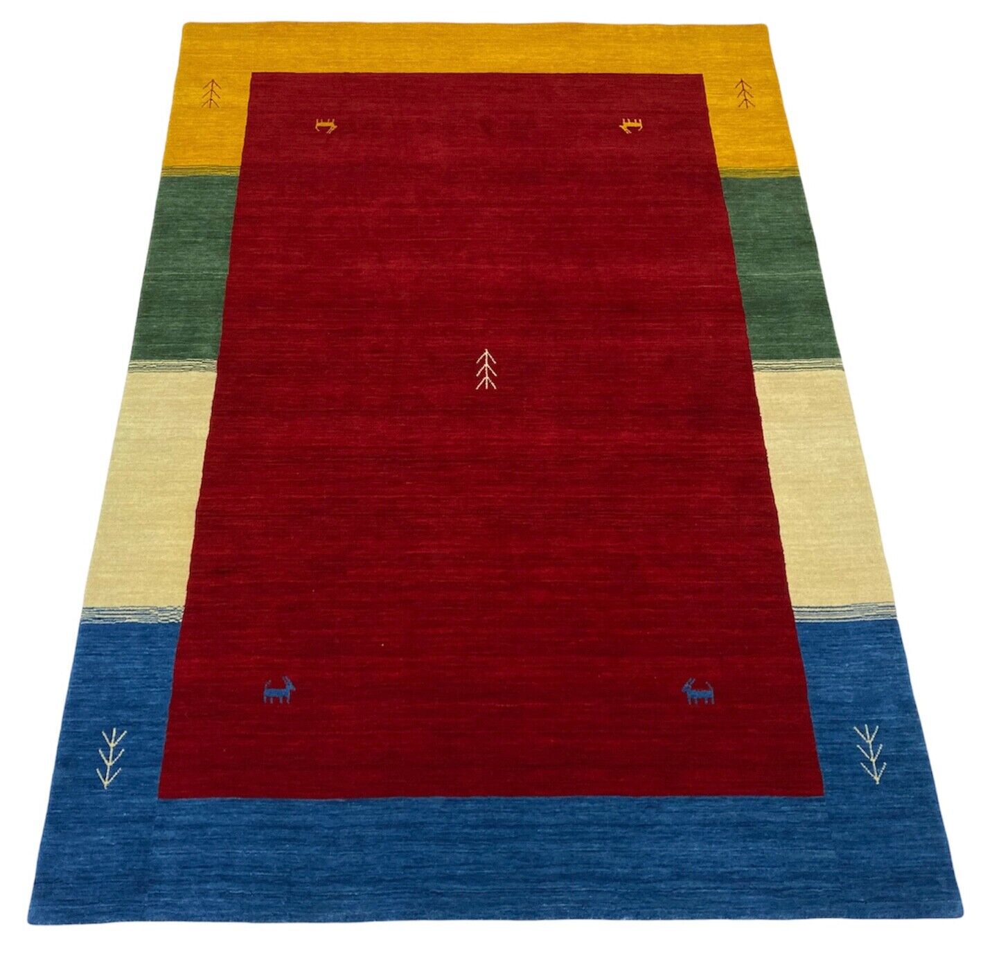 Gabbeh Teppich 100% Wolle 140x200 cm Rot Gold Grün Handgewebt Orientteppich Bunt