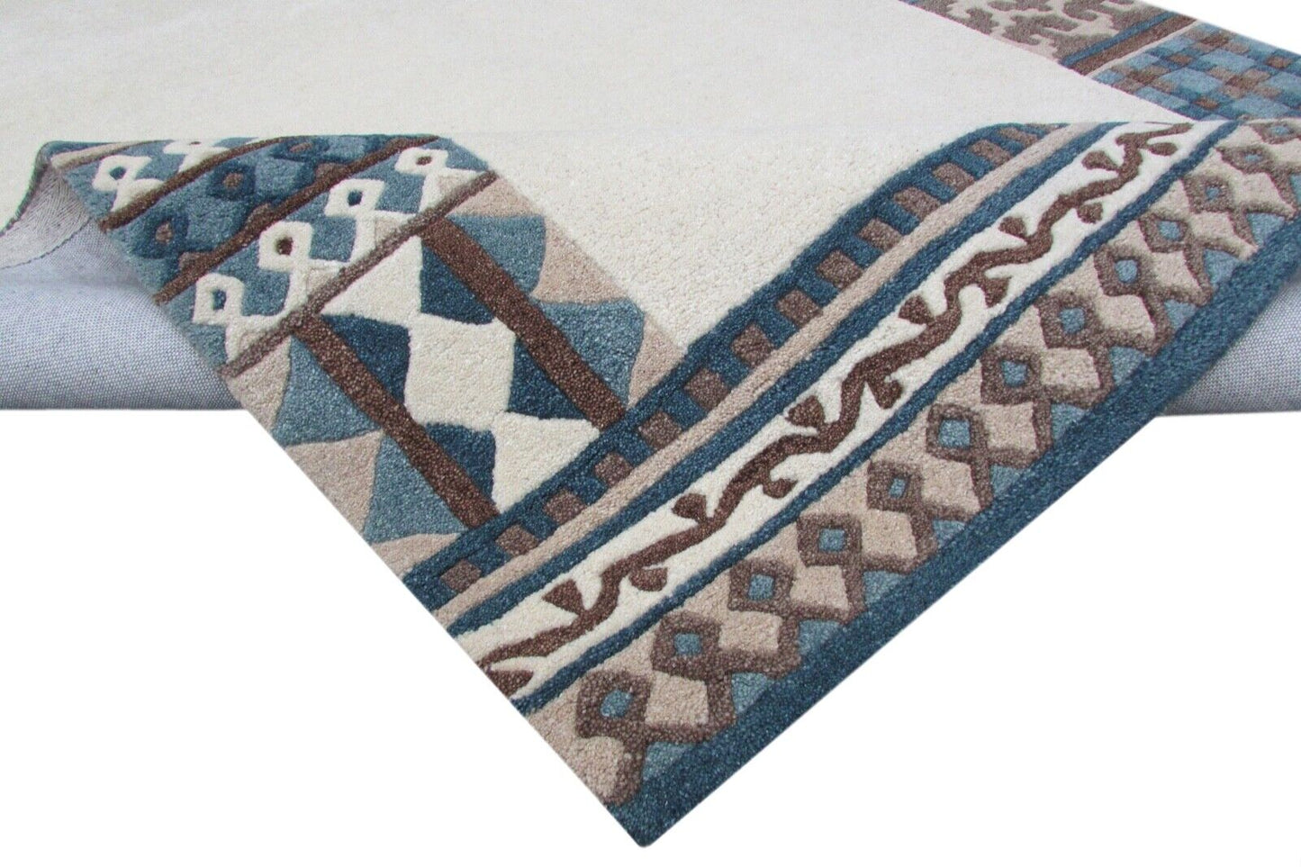 Teppich 100% Wolle Beige 160X230 cm Blau Grau Braun Wolle Handgetuftet T814